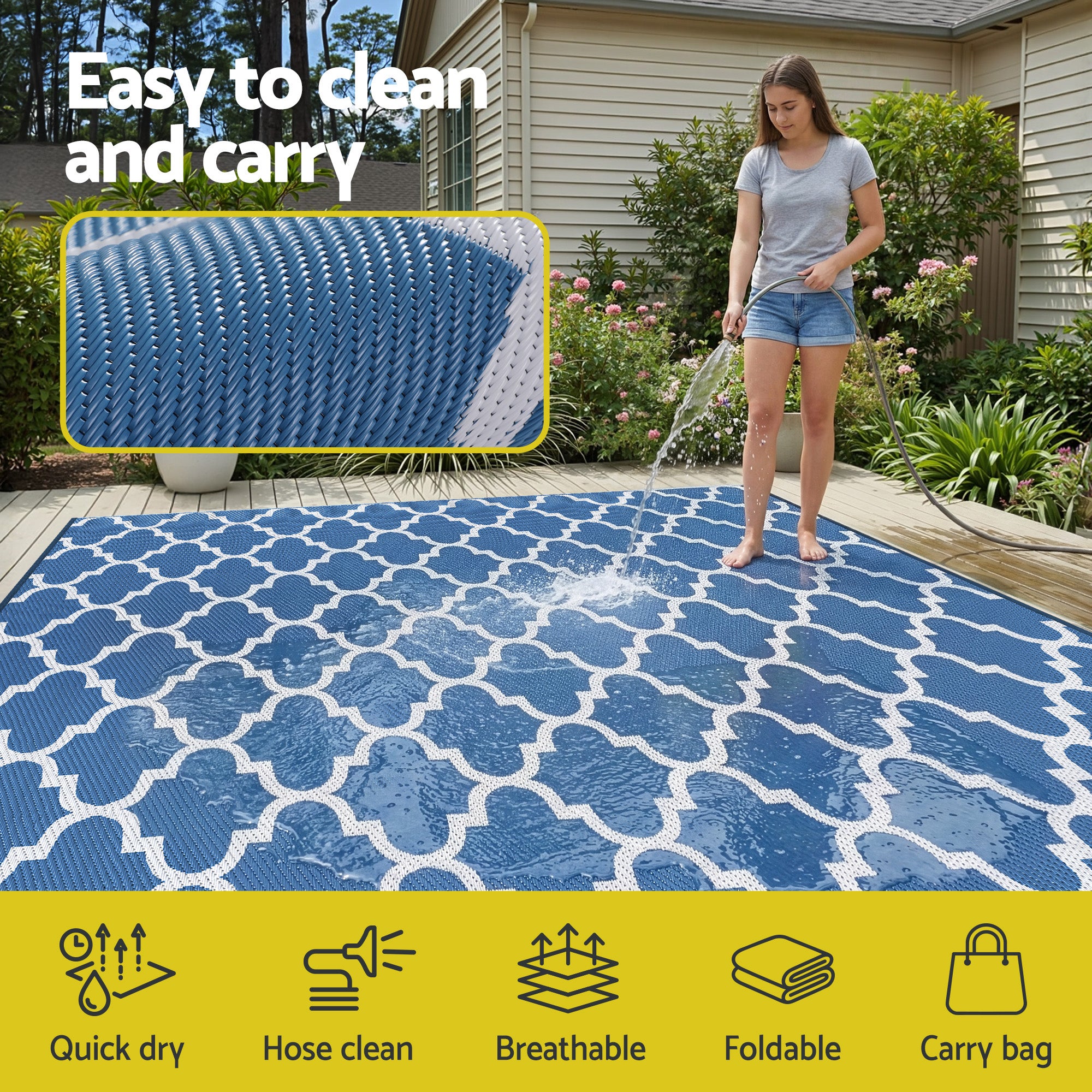 Outdoor Rugs 274x366cm Large Carpet Reversible Area Mat PP Dual-Sided Patio Rug Blue shown being hose-cleaned outdoors