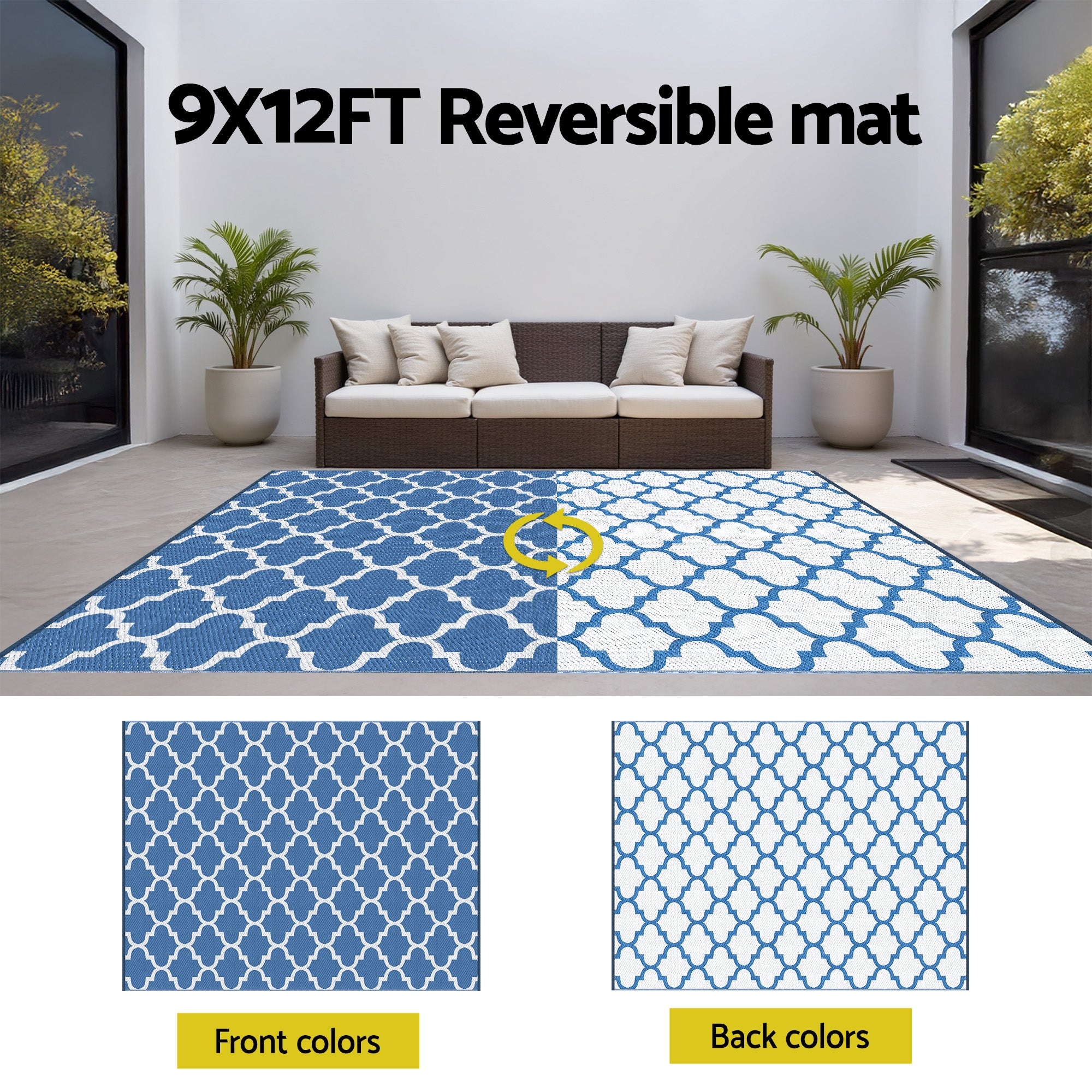 Outdoor Rugs 274x366cm Large Carpet Reversible Area Mat PP Dual-Sided Patio Rug Blue with blue and white patterns in outdoor seating area