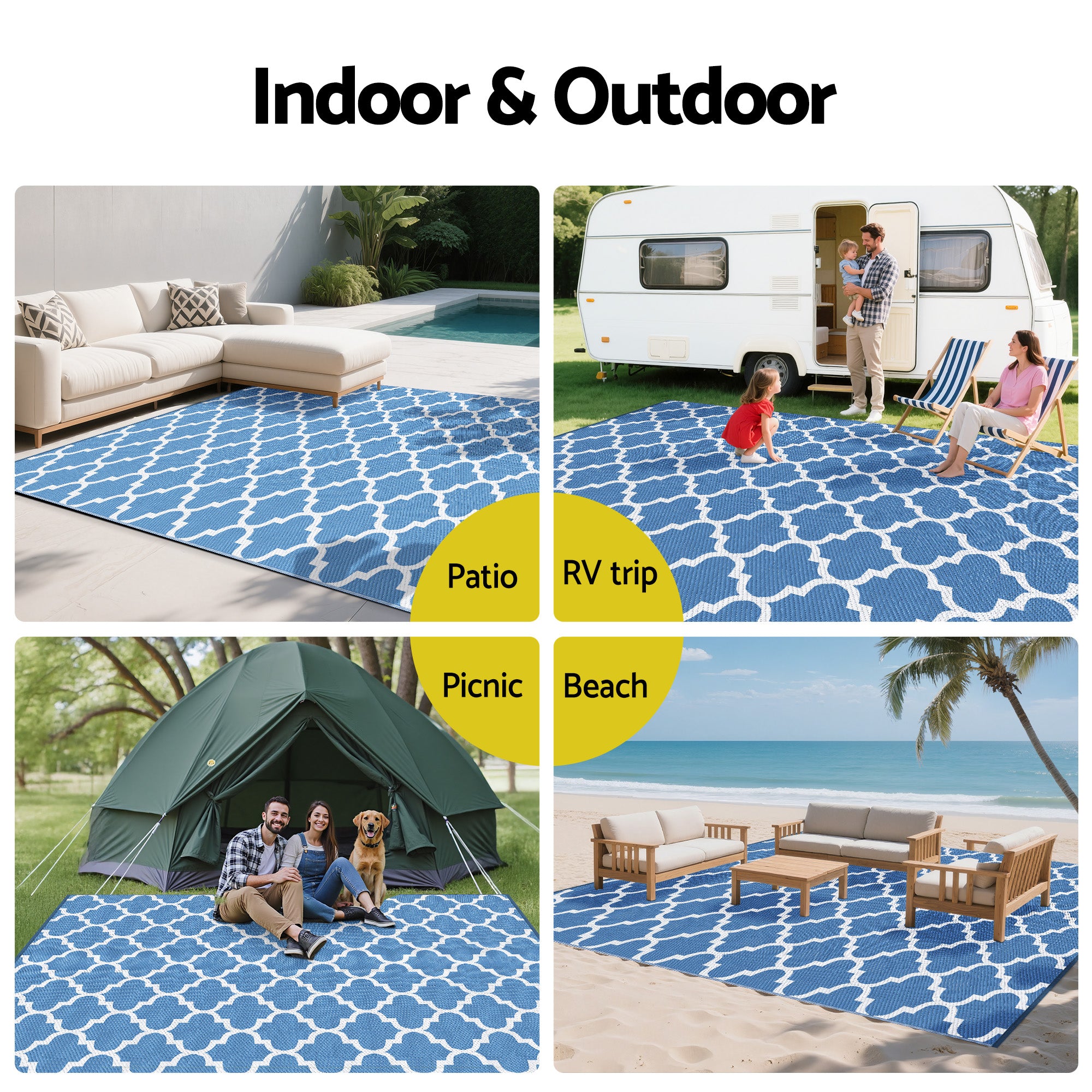 Outdoor Rugs 274x366cm Large Carpet Reversible Area Mat PP Dual-Sided Patio Rug Blue shown in outdoor patio, RV, picnic, and beach settings