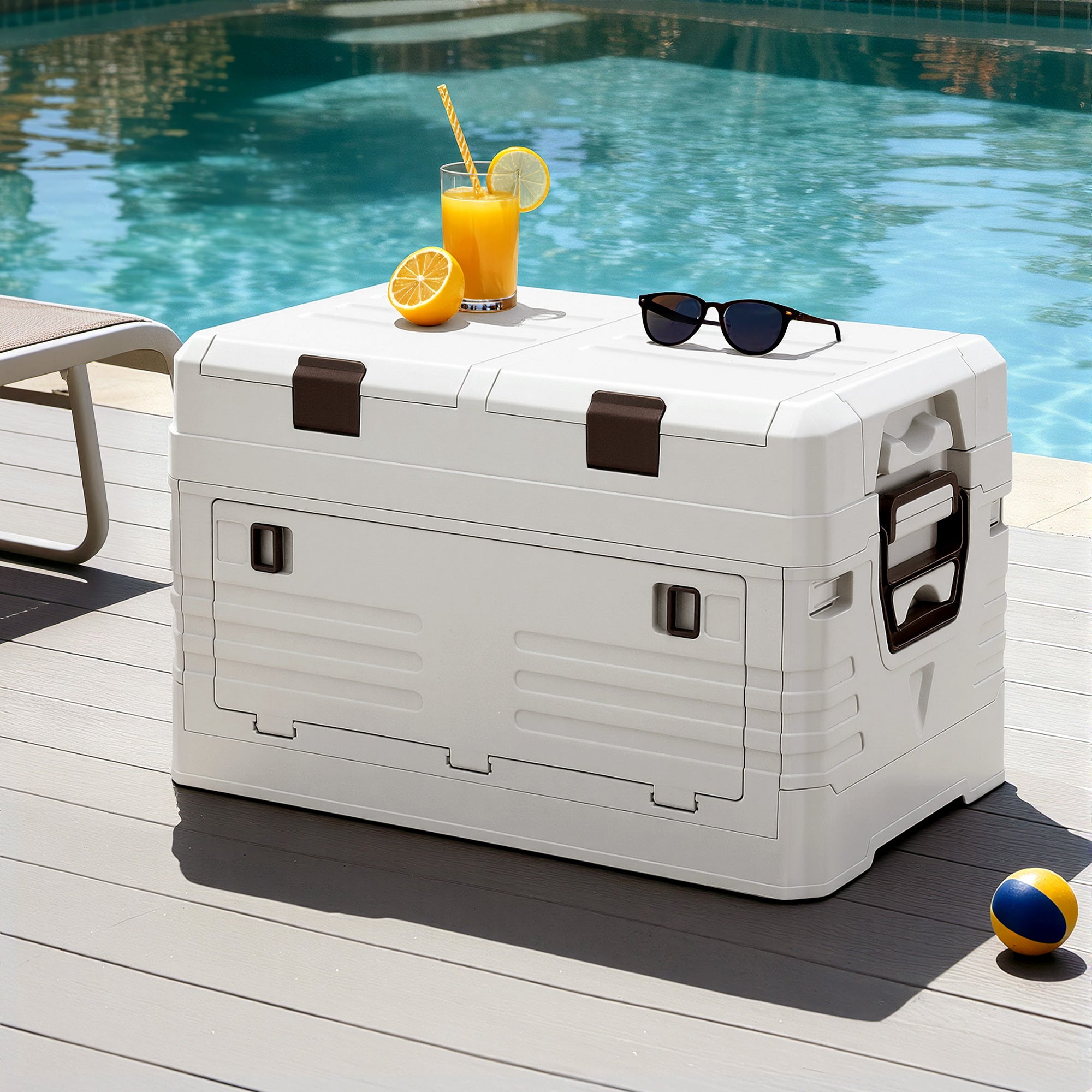40L Outdoor Storage Box Foldable Camping Collapsible Bins Organizer beside pool with orange juice and sunglasses on top