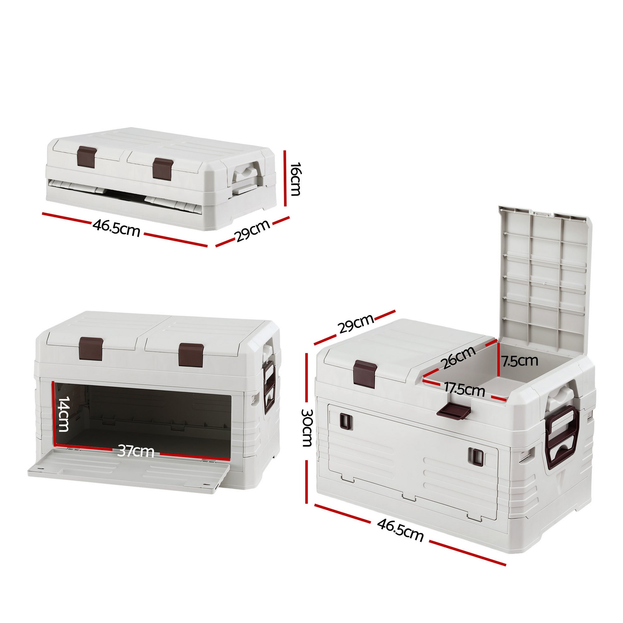 40L Outdoor Storage Box Foldable Camping Collapsible Bins Organizer with multiple compartments and secure latches shown in white.