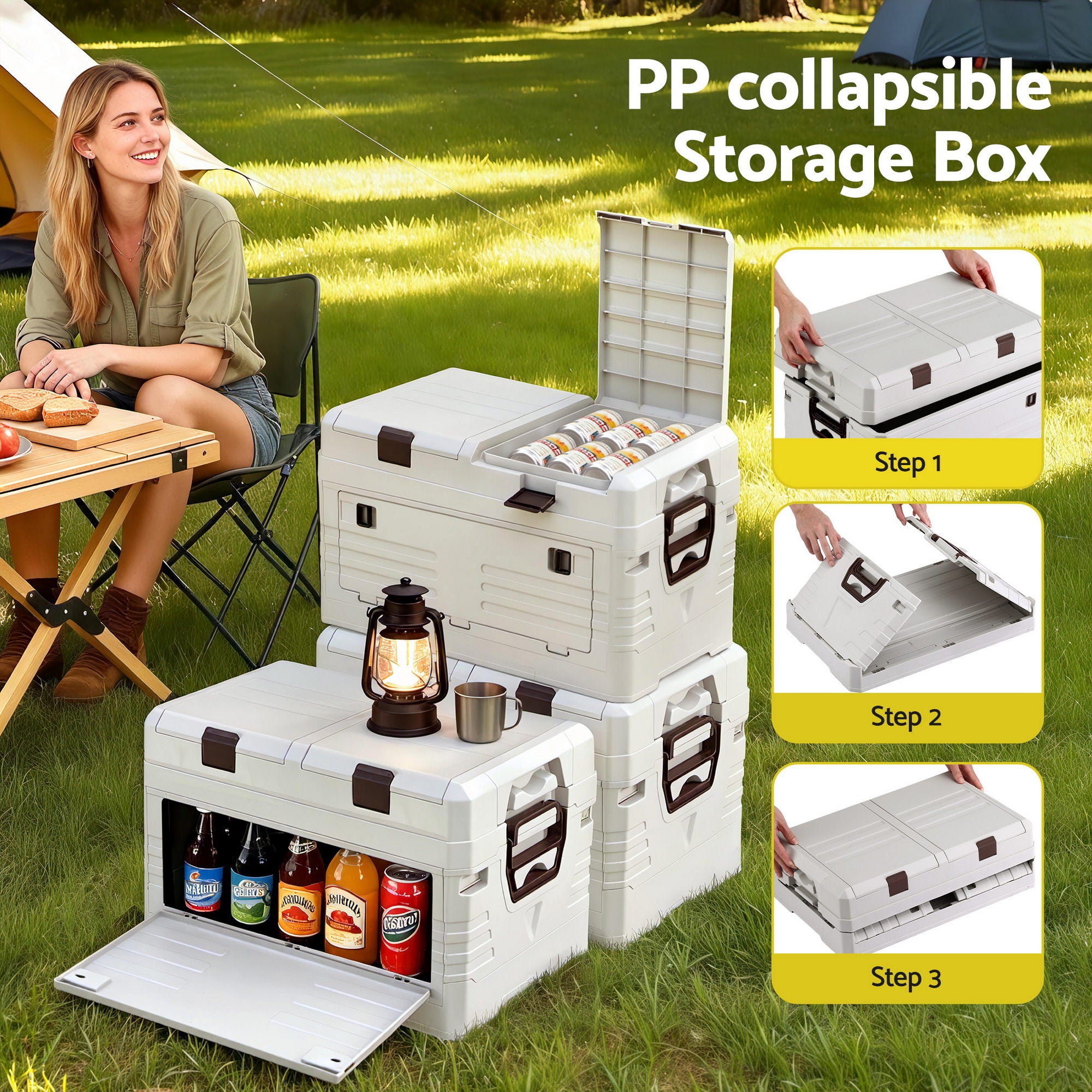40L Outdoor Storage Box Foldable Camping Collapsible Bins Organizer in beige with secure clasps and multiple access panels outdoors