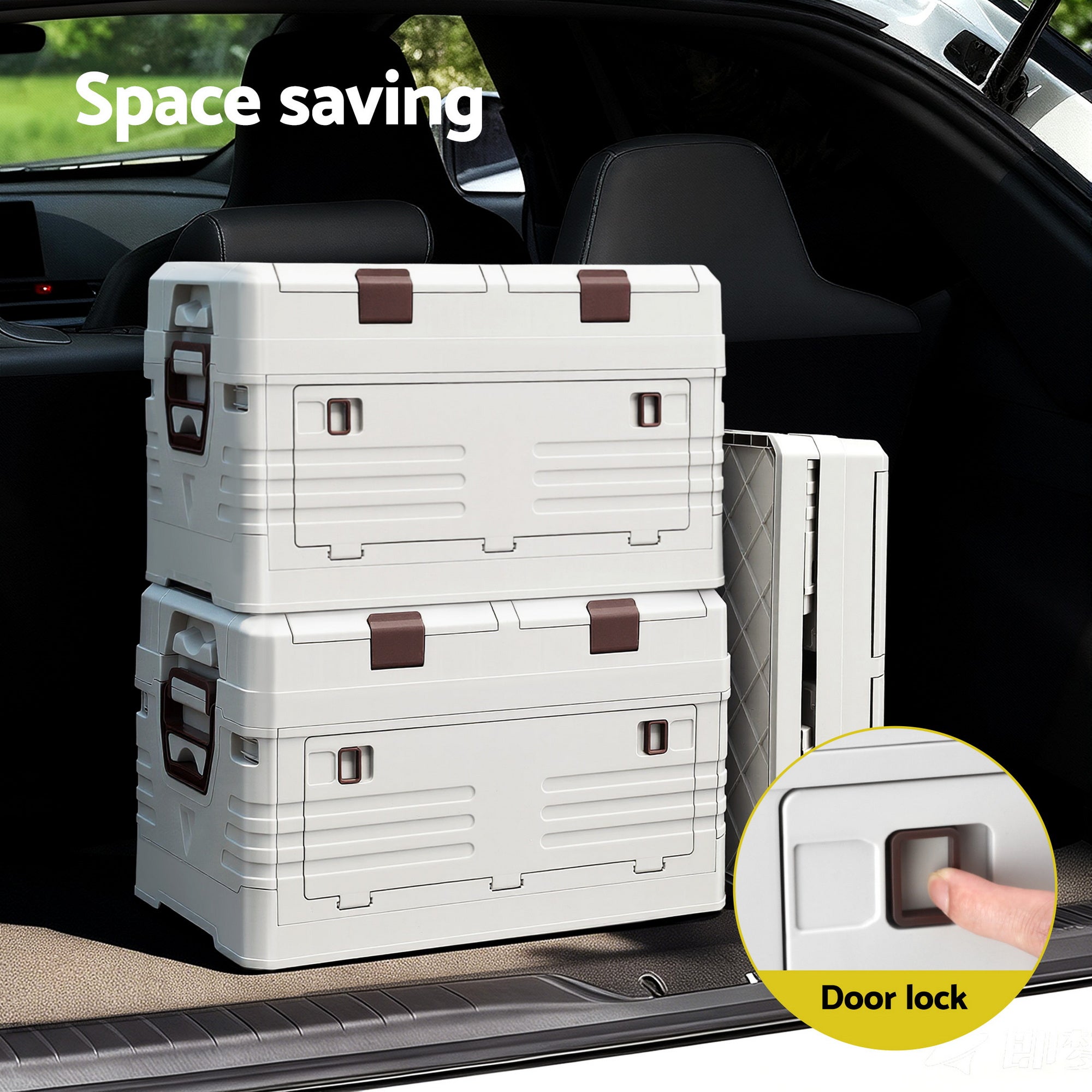 40L Outdoor Storage Box Foldable Camping Collapsible Bins Organizer stacked in car trunk with door lock feature shown