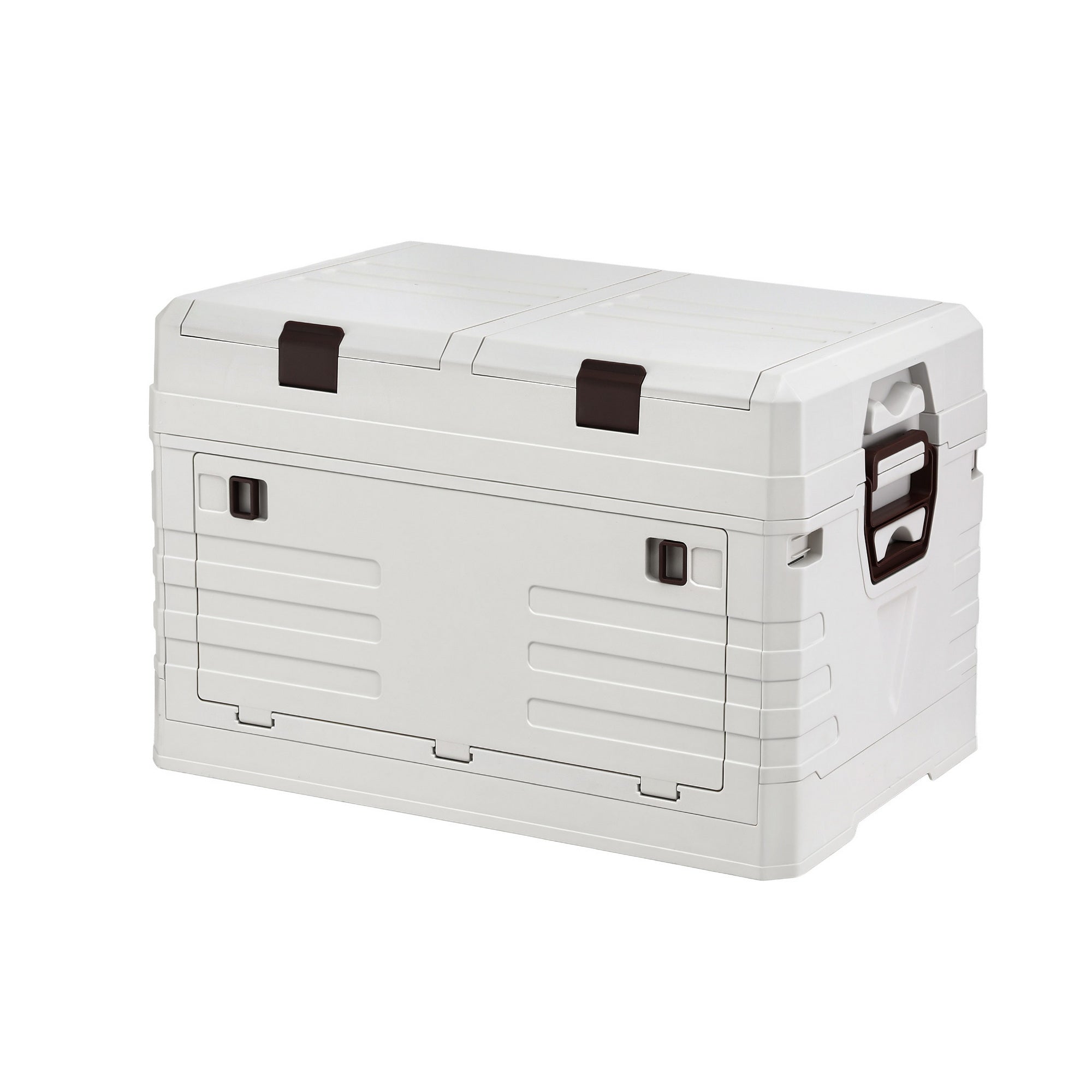 40L Outdoor Storage Box Foldable Camping Collapsible Bins Organizer with double doors, top lid, and side handles in light gray.