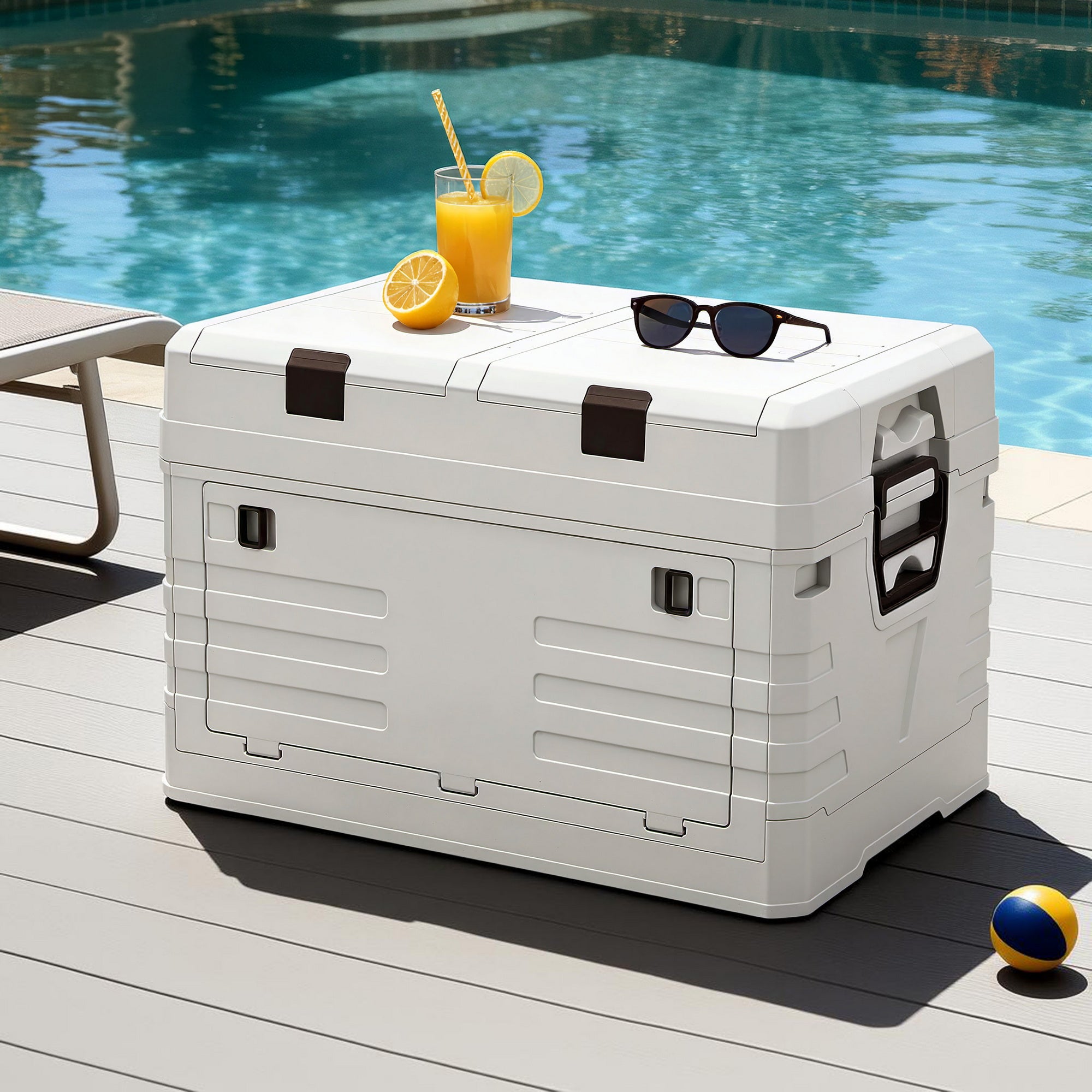 60L Outdoor Storage Box Foldable Camping Collapsible Bins Organizer in white by poolside with sunglasses and drink on top