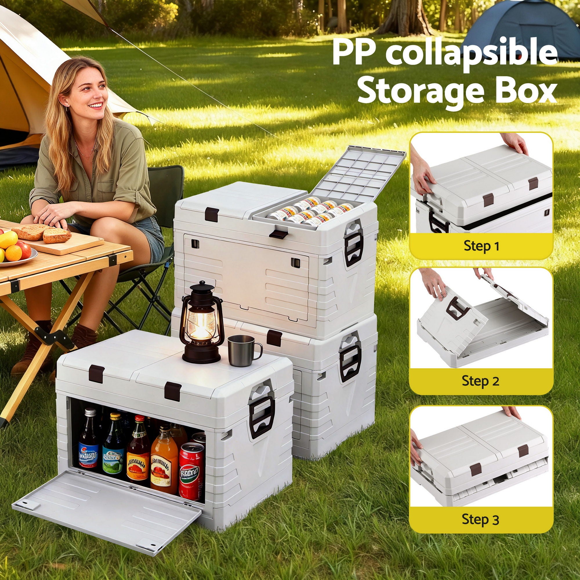 60L Outdoor Storage Box Foldable Camping Collapsible Bins Organizer in use with beverages and camping setup outdoors