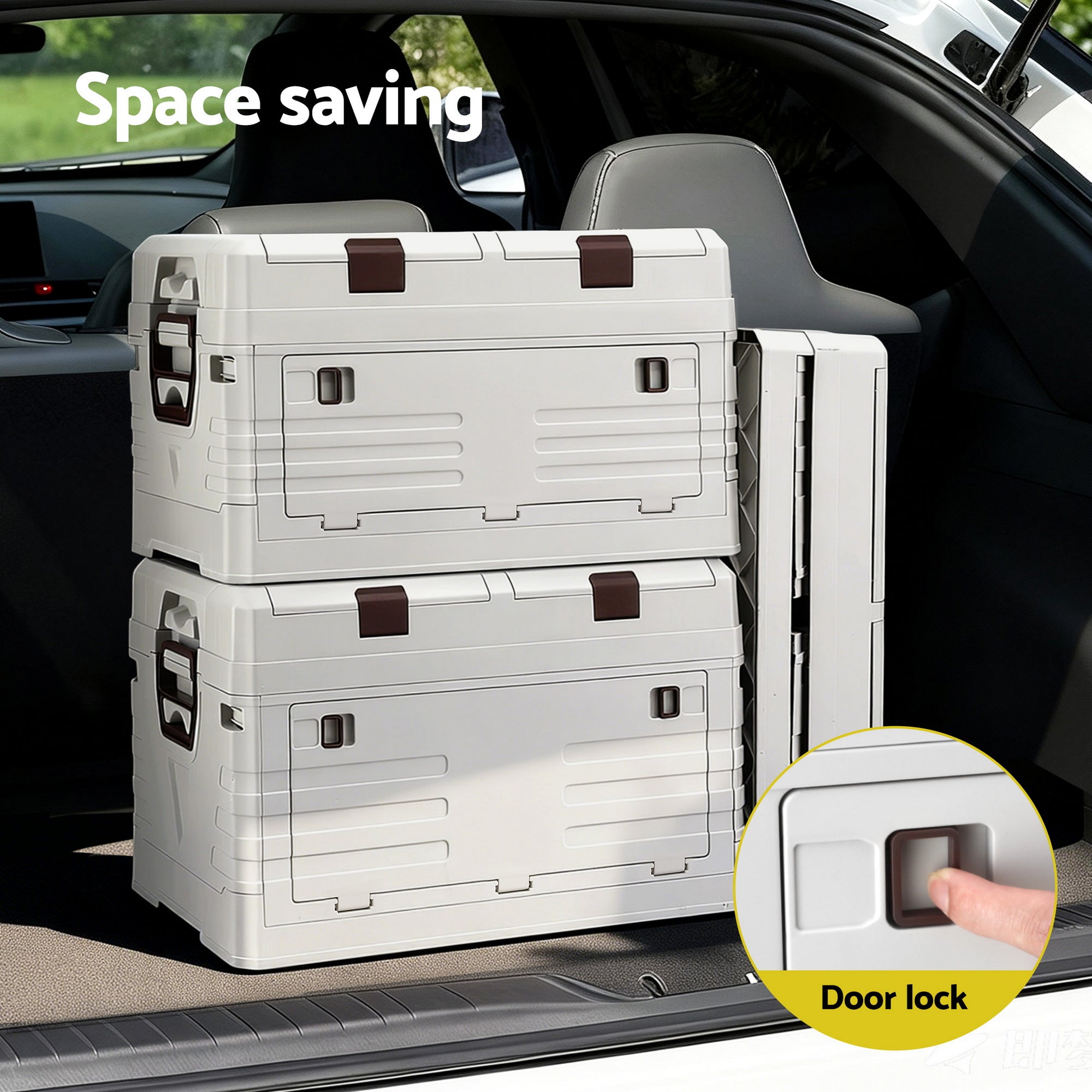 60L Outdoor Storage Box Foldable Camping Collapsible Bins Organizer stacked in car trunk with door lock detail shown