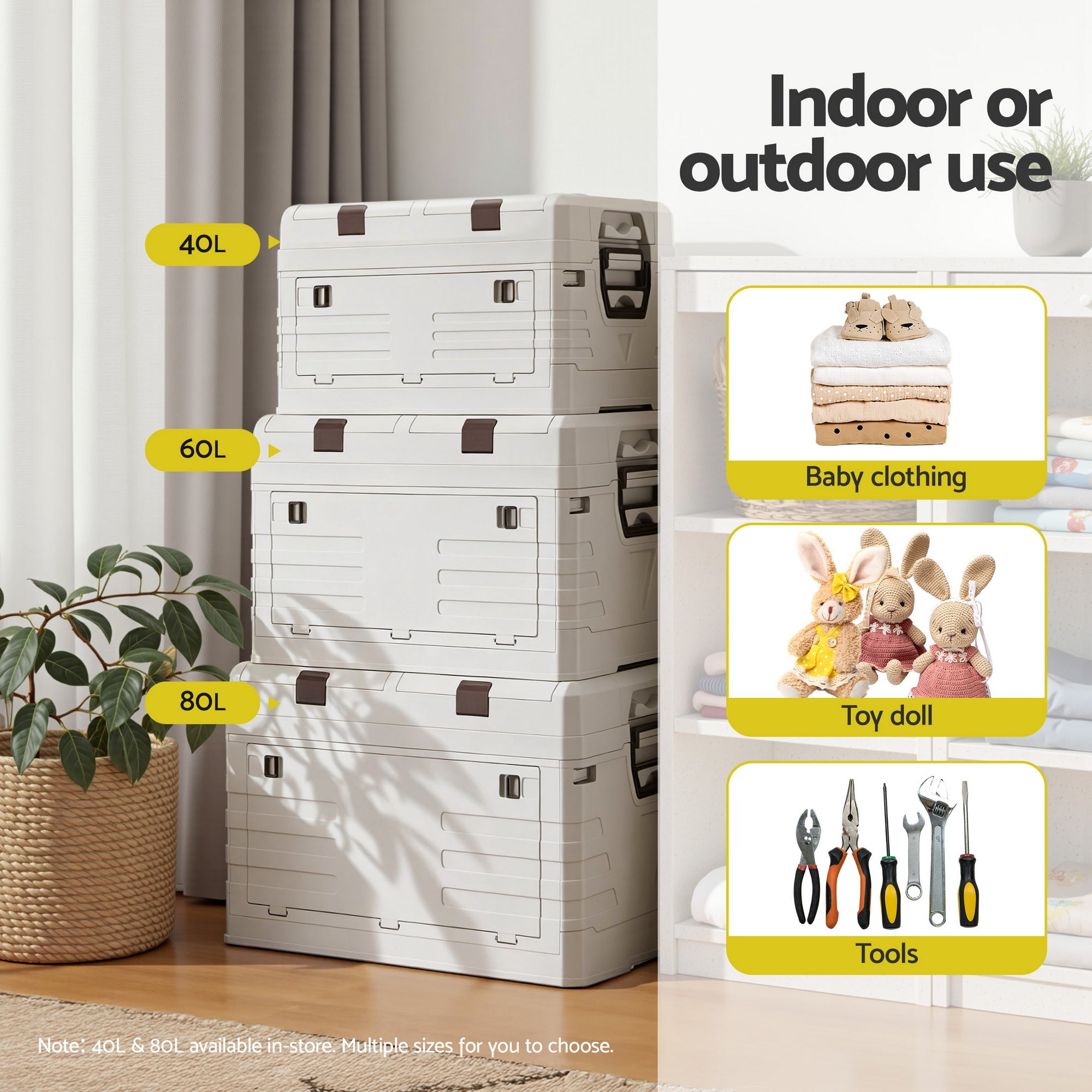 60L Outdoor Storage Box Foldable Camping Collapsible Bins Organizer stacked with 40L and 80L bins in modern room setting