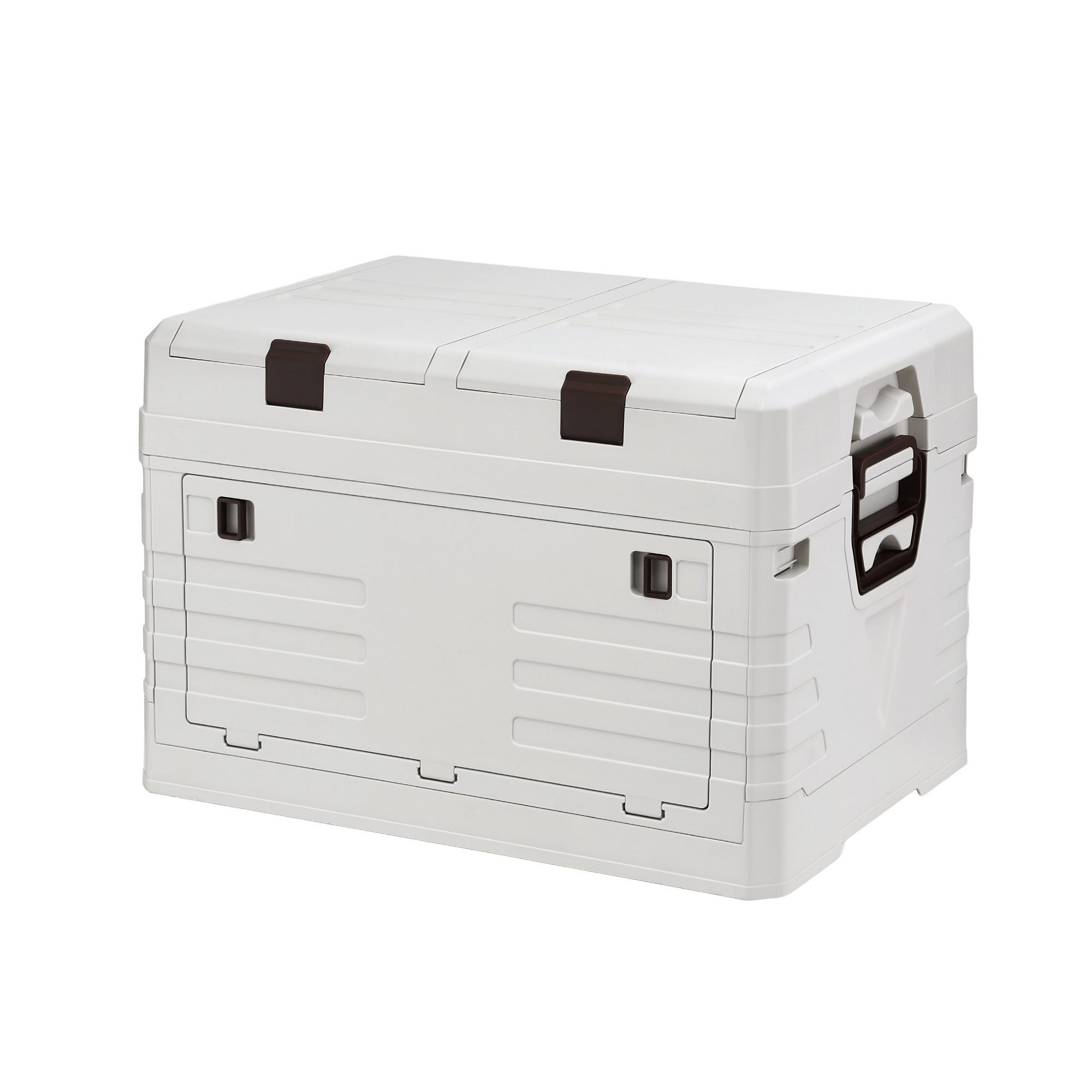 60L Outdoor Storage Box Foldable Camping Collapsible Bins Organizer in white with dual lids and secure clasps on white background