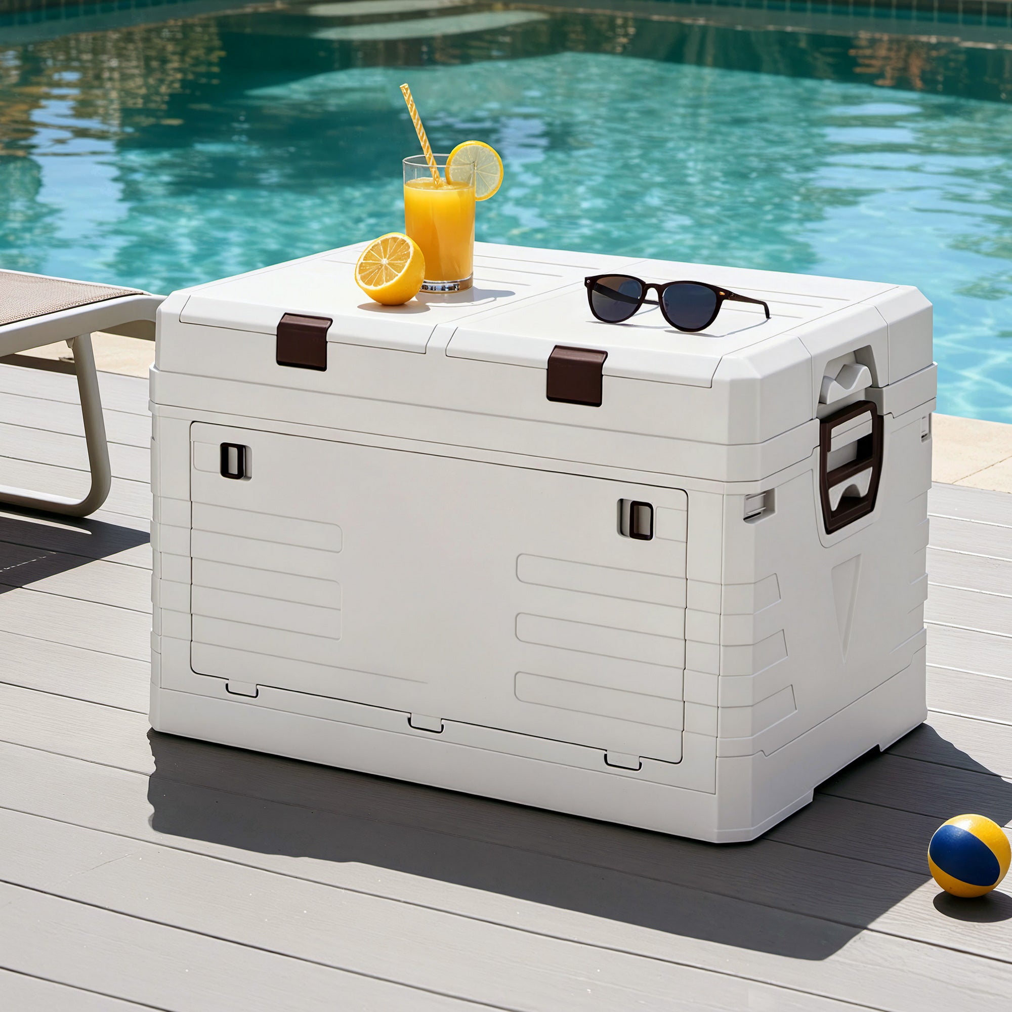 80L Outdoor Storage Box Foldable Camping Collapsible Bins Organizer in white with handles, placed outdoors by poolside with sunglasses and drink on top