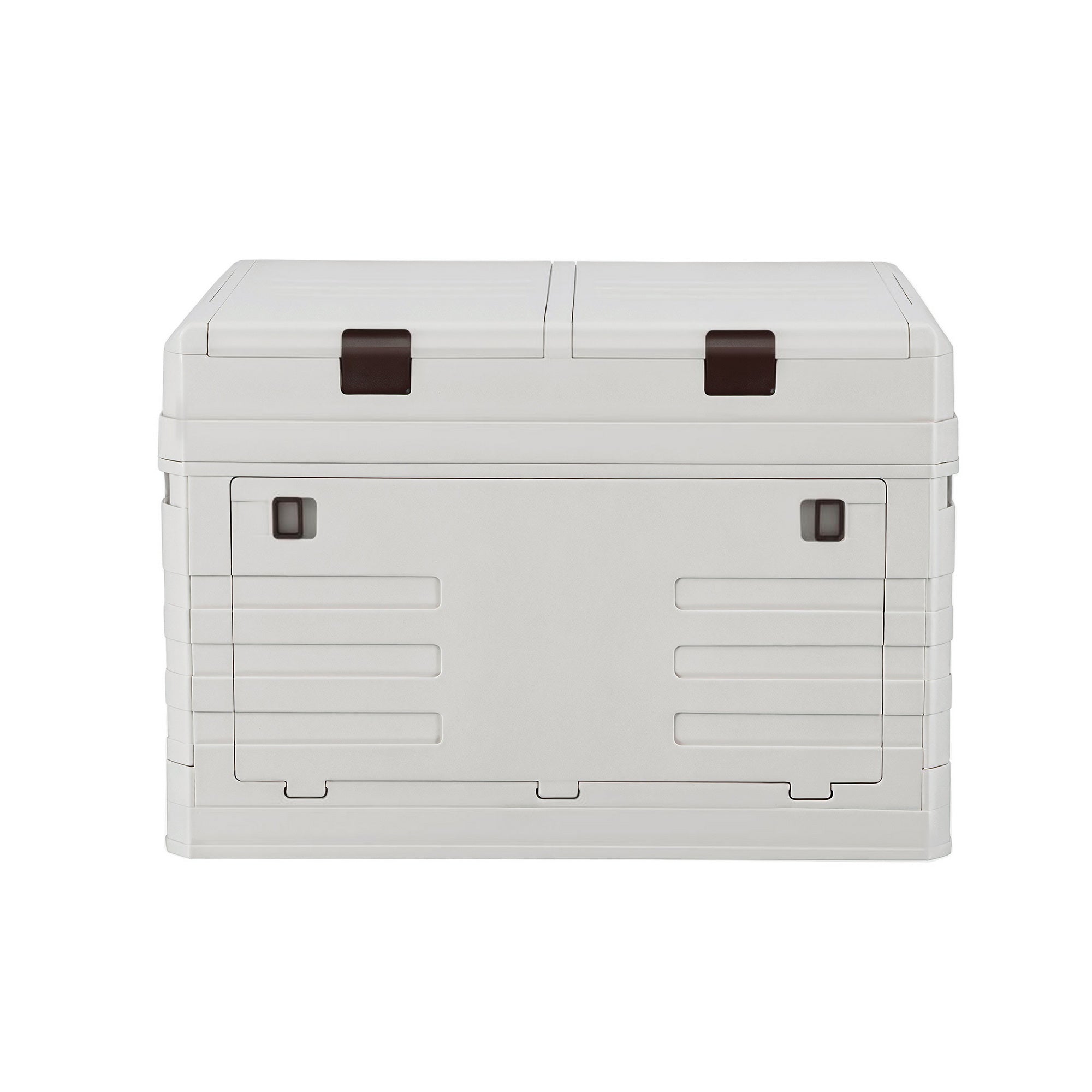 80L Outdoor Storage Box Foldable Camping Collapsible Bins Organizer with double top lids and front doors in light gray color