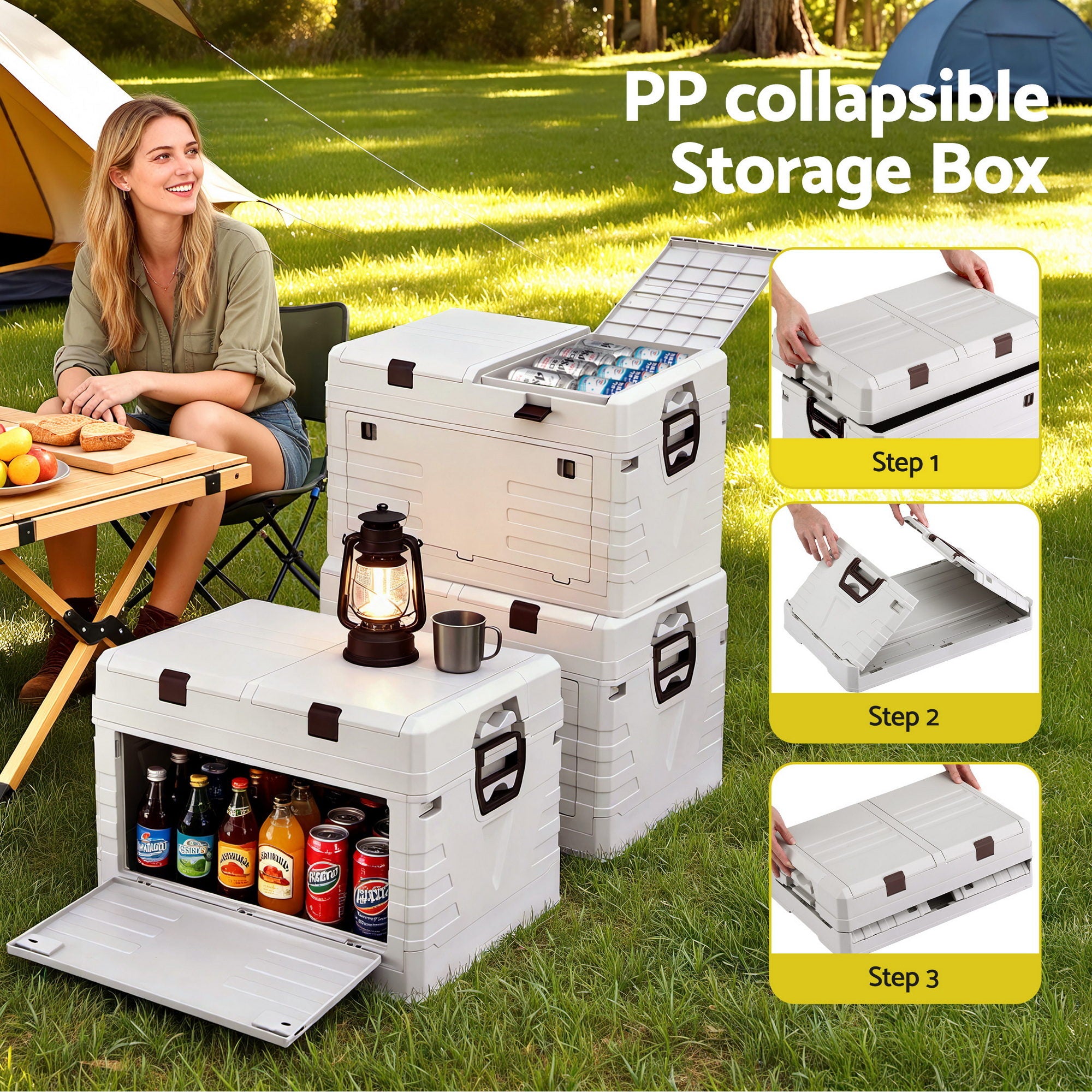80L Outdoor Storage Box Foldable Camping Collapsible Bins Organizer with removable lids and front door access on grass outdoors