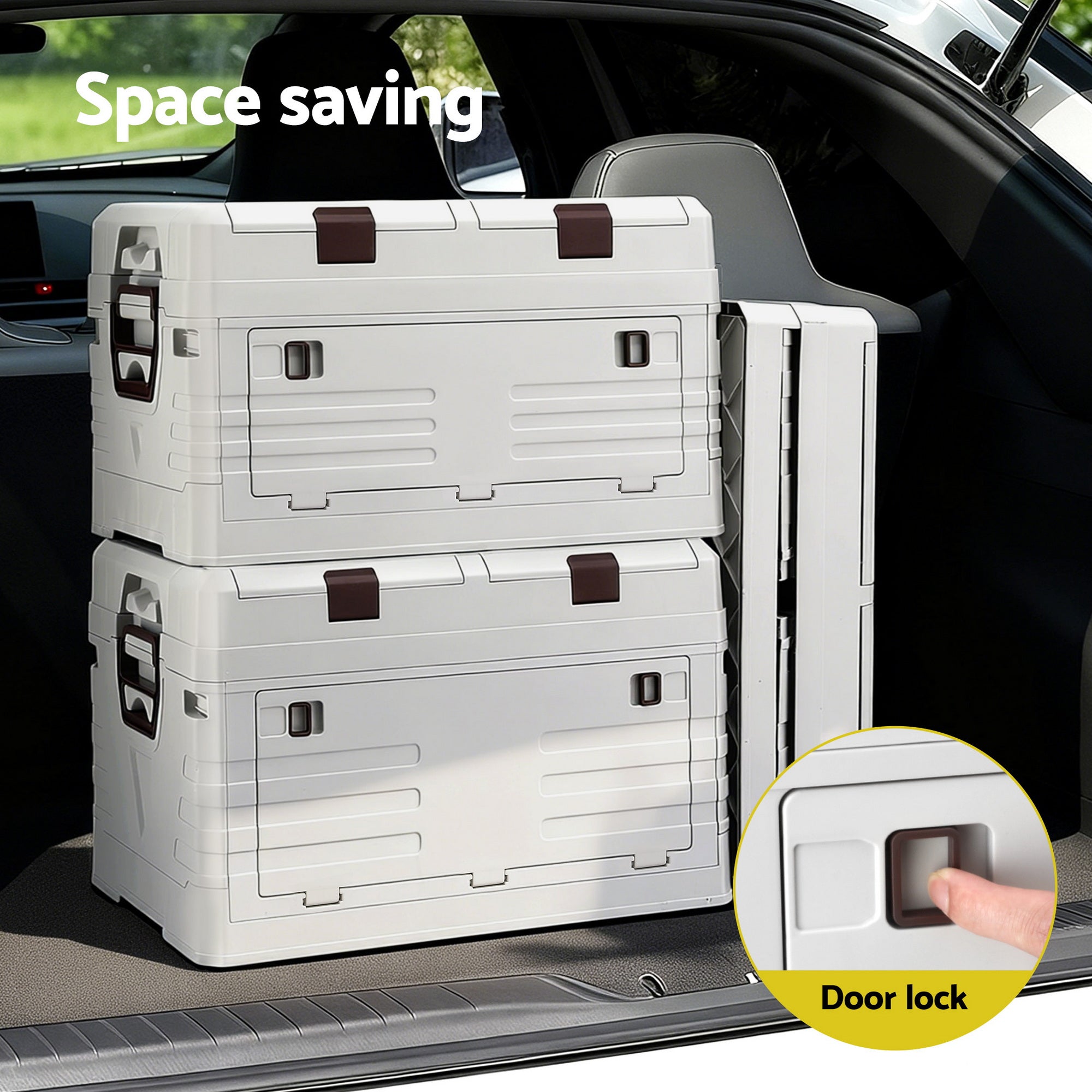 80L Outdoor Storage Box Foldable Camping Collapsible Bins Organizer stacked in car trunk with door lock detail shown