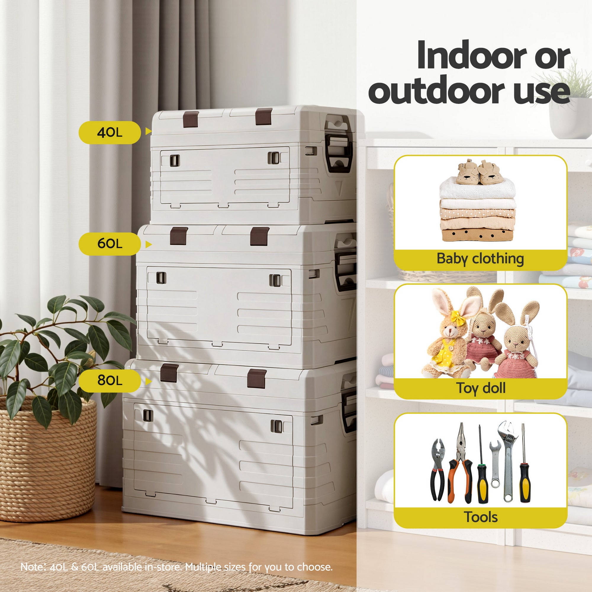 80L Outdoor Storage Box Foldable Camping Collapsible Bins Organizer stacked with smaller bins for indoor and outdoor storage use