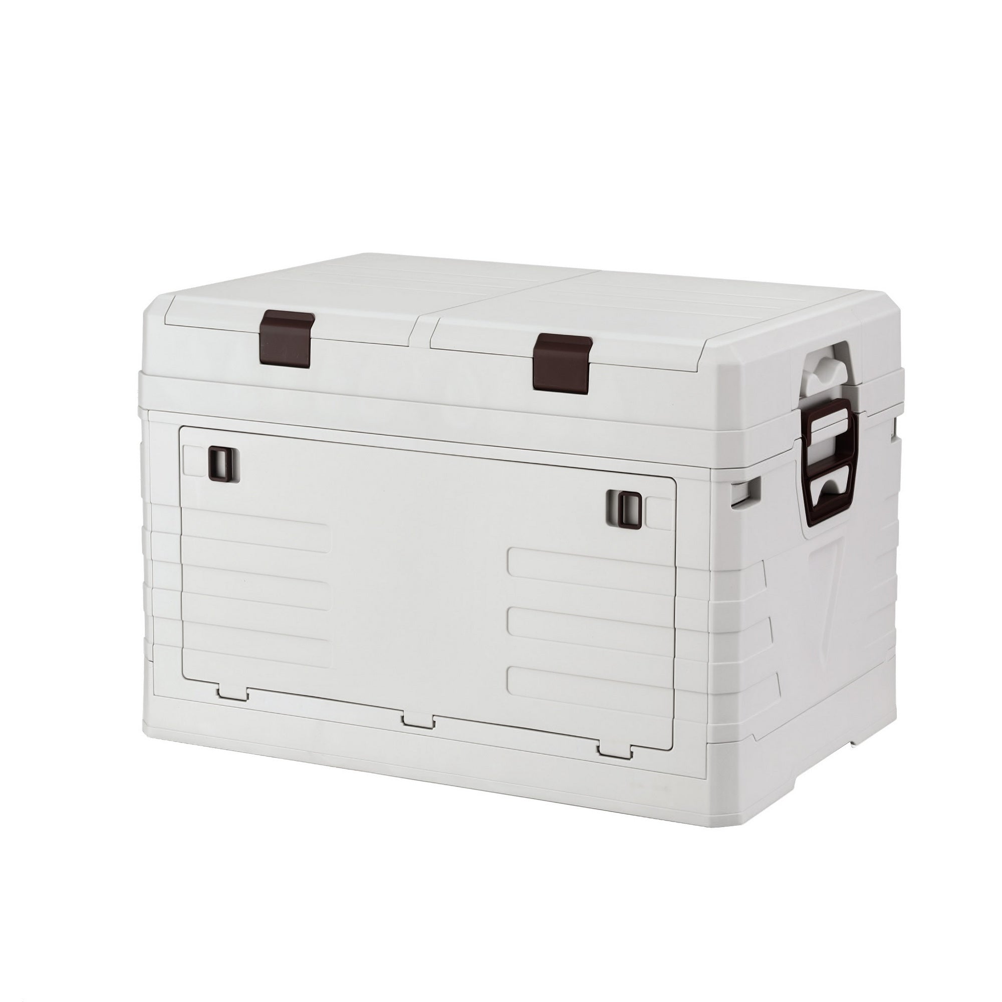 80L Outdoor Storage Box Foldable Camping Collapsible Bins Organizer with dual top lids and side handles on white background