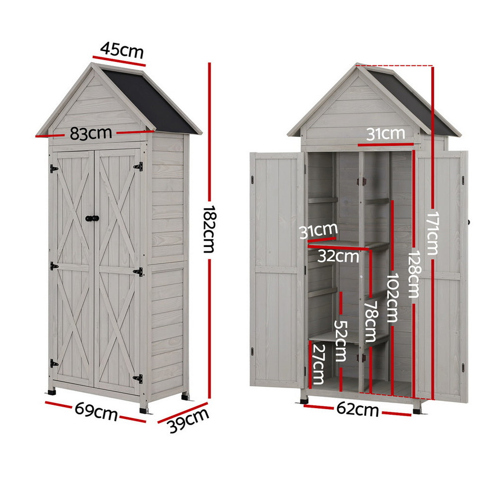 Outdoor Storage Cabinet Cupboard Lockable Tool Organizer Shed Adjustable Grey with detailed dimensions and open doors showing shelves