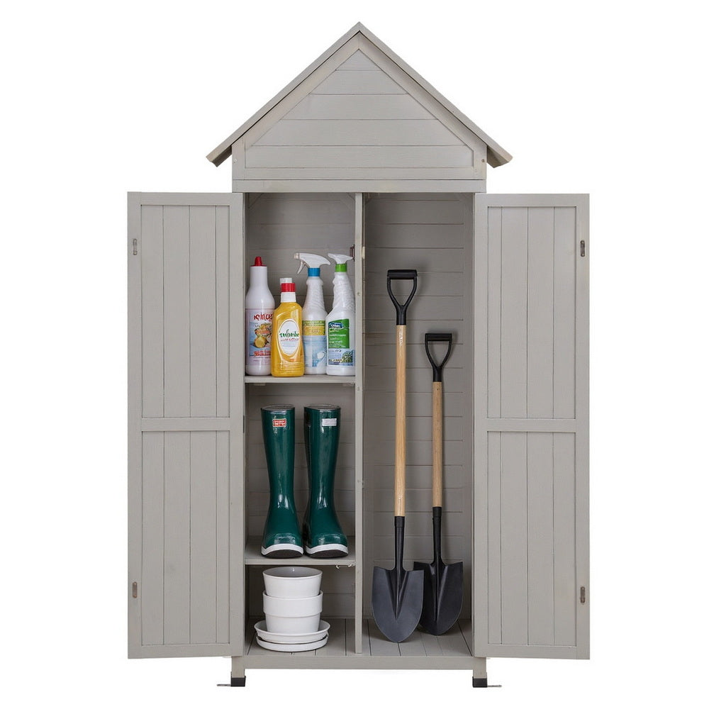 Outdoor Storage Cabinet Cupboard Lockable Tool Organizer Shed Adjustable Grey with shelves holding garden tools and cleaning supplies