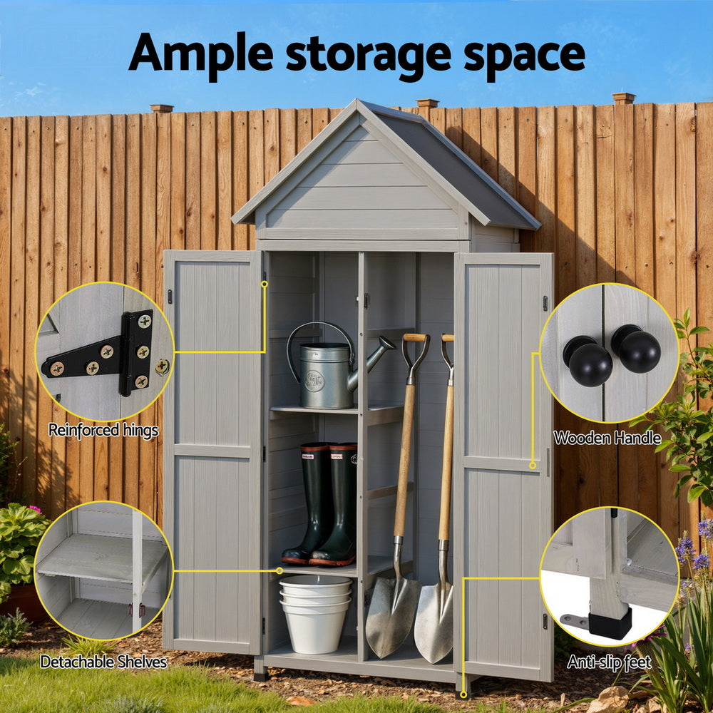 Outdoor Storage Cabinet Cupboard Lockable Tool Organizer Shed Adjustable Grey with reinforced hinges and detachable shelves