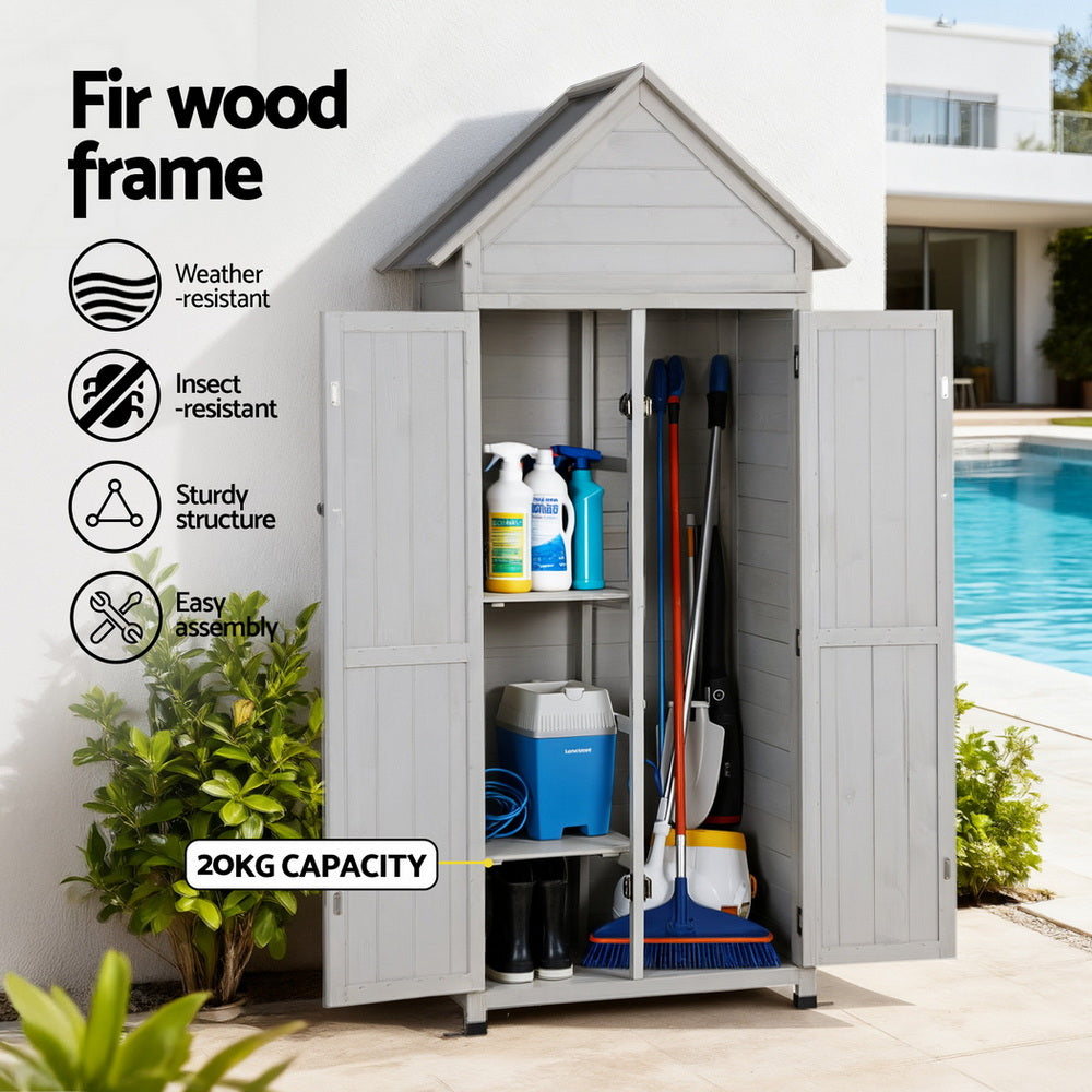 Outdoor Storage Cabinet Cupboard Lockable Tool Organizer Shed Adjustable Grey with fir wood frame and three shelves shown outdoors