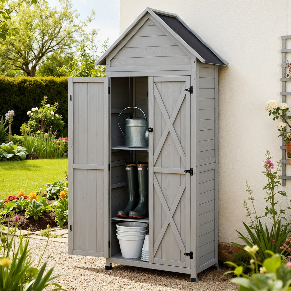 Outdoor Storage Cabinet Cupboard Lockable Tool Organizer Shed Adjustable Grey with open doors showing shelves and garden tools inside
