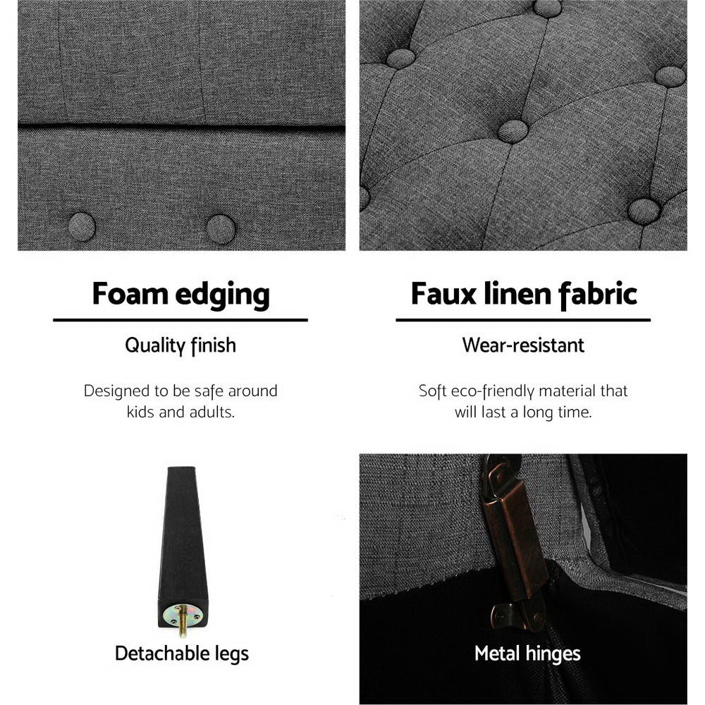 Fabric Storage Ottoman - Grey with foam edging, faux linen fabric, detachable legs, and metal hinges detailing for bedroom furniture.