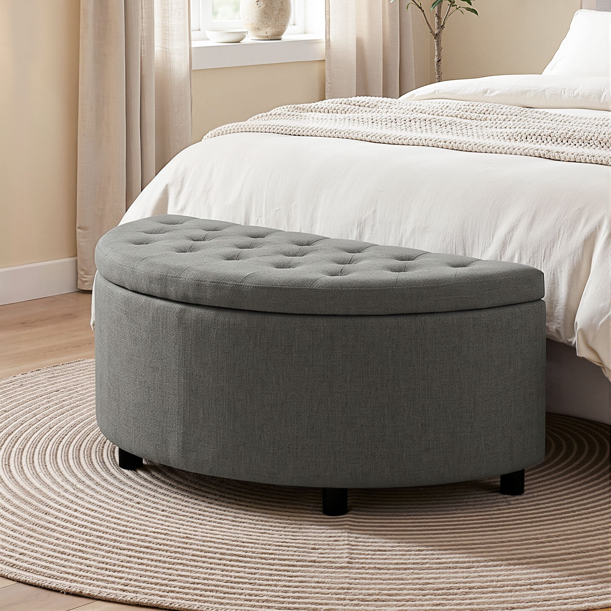 Storage Ottoman Bench Linen Fabric Tufted Half Round Footstool Grey