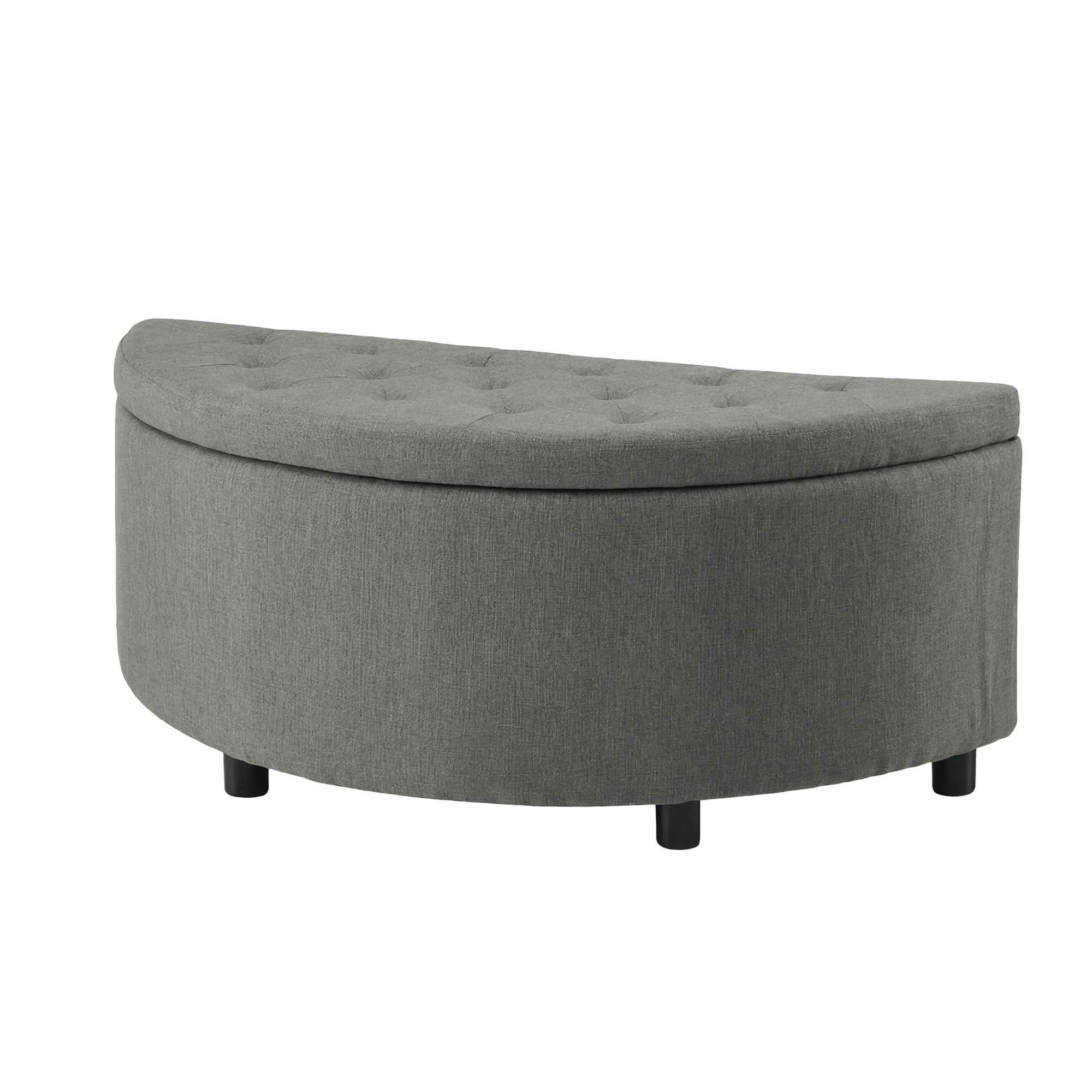 Storage Ottoman Bench Linen Fabric Tufted Half Round Footstool Grey