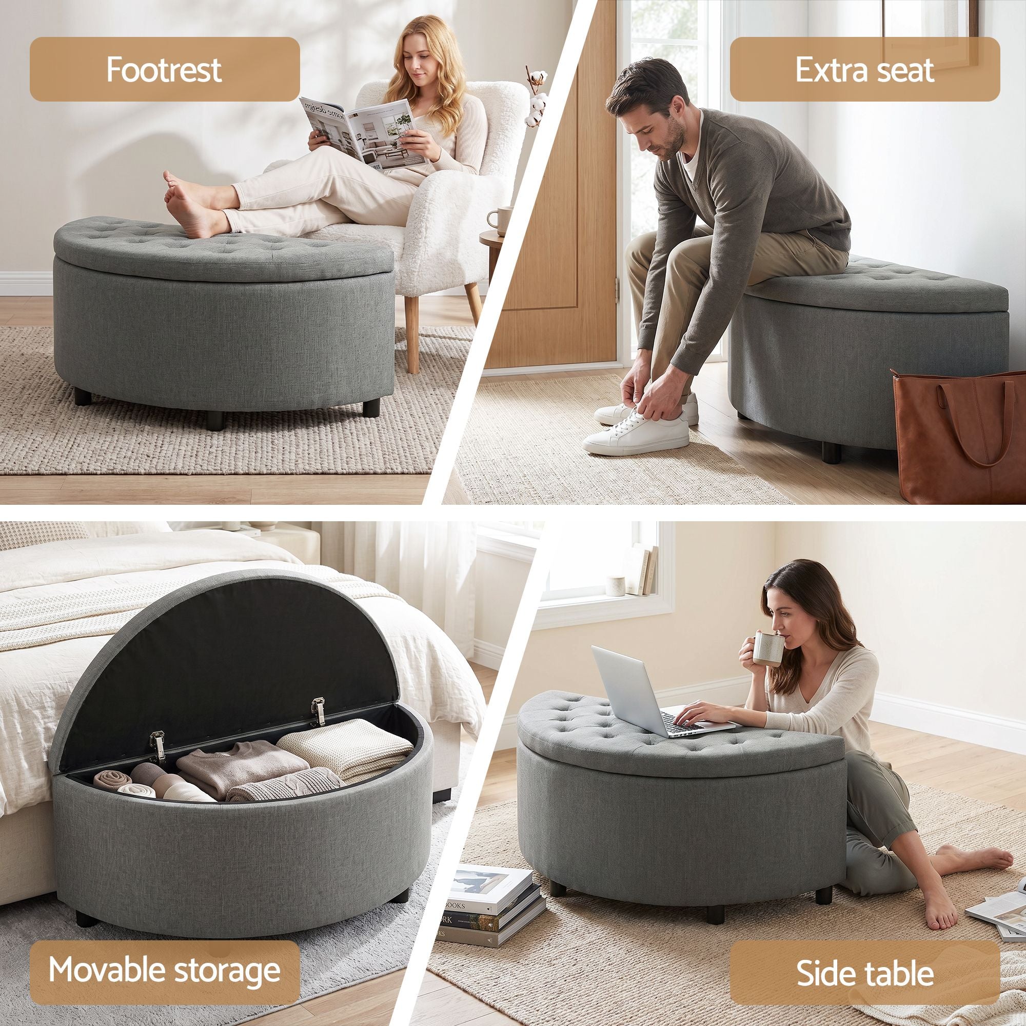 Storage Ottoman Bench Linen Fabric Tufted Half Round Footstool Grey