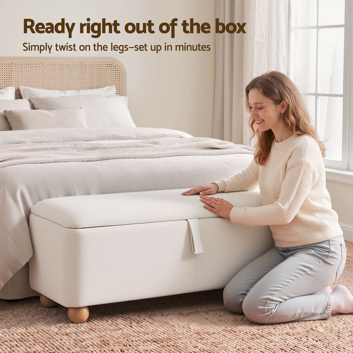 Storage Ottoman Velvet Blanket Box Hidden Bench 97cm - Beige