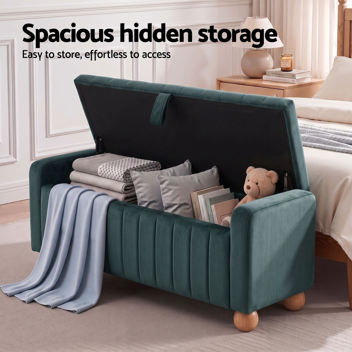 Storage Ottoman Bench with Velvet Upholstery and Ball Feet - Green