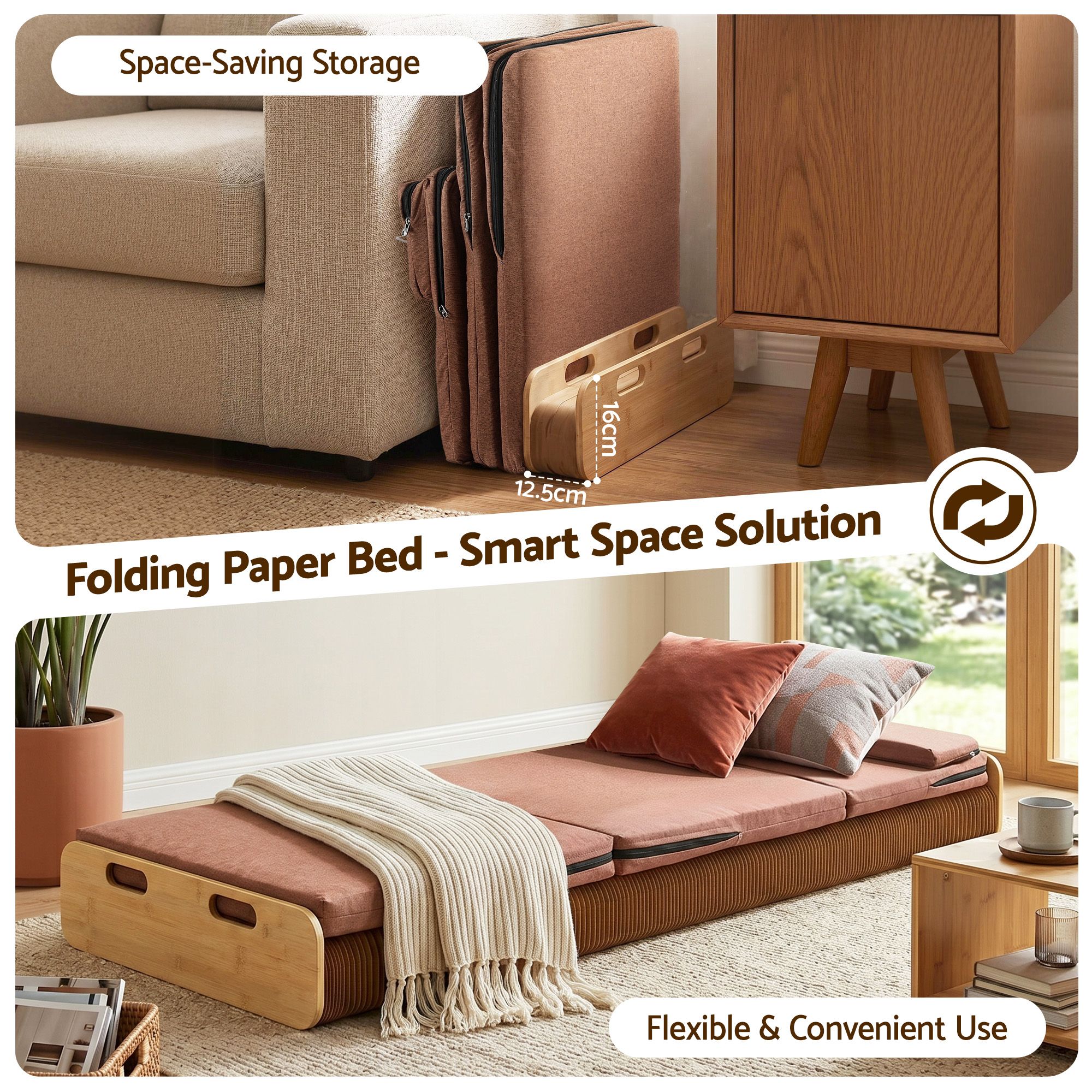 Folding Kraft Paper Bed Frame with Mattress and Pillow 300kg Capacity 200x60cm