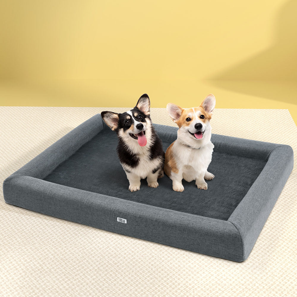 115CM Calming Egg Crate Foam Pet Bed with Washable Cover - Grey with two small dogs sitting inside on beige floor