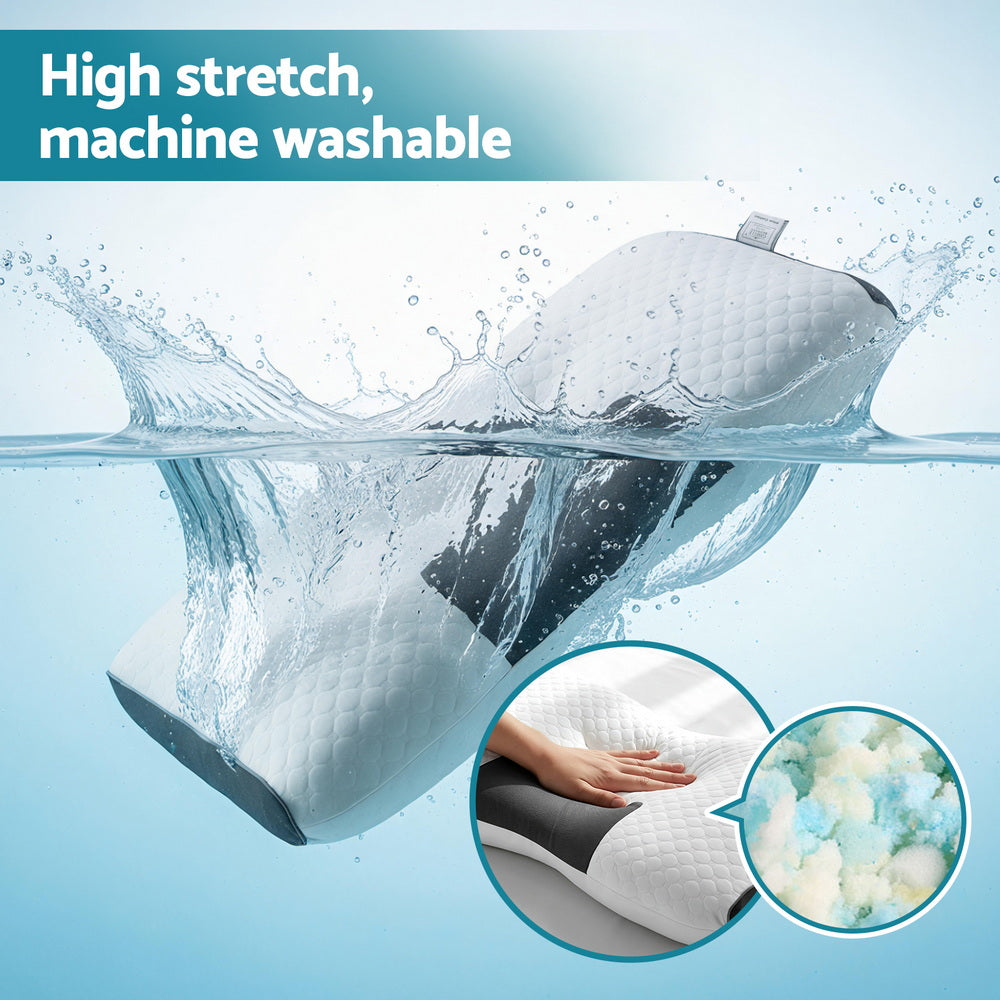 Contour Pillow Ergonomic Neck Pillow 48X73CM with high stretch washable cover, memory foam, and breathable filling shown in water splash