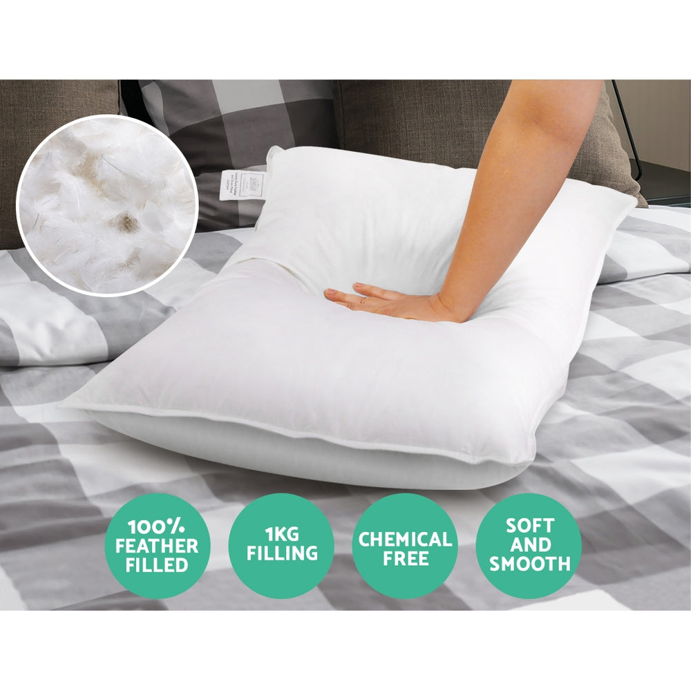 Set of 2 Duck Down Pillows - White with 1kg filling, feather filled, chemical free, soft and smooth for bedroom comfort