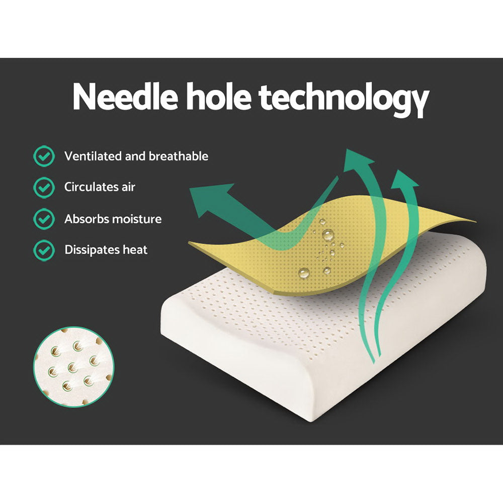 Set of 2 Natural Latex Pillows illustrating ventilated needle hole technology for air circulation and moisture absorption