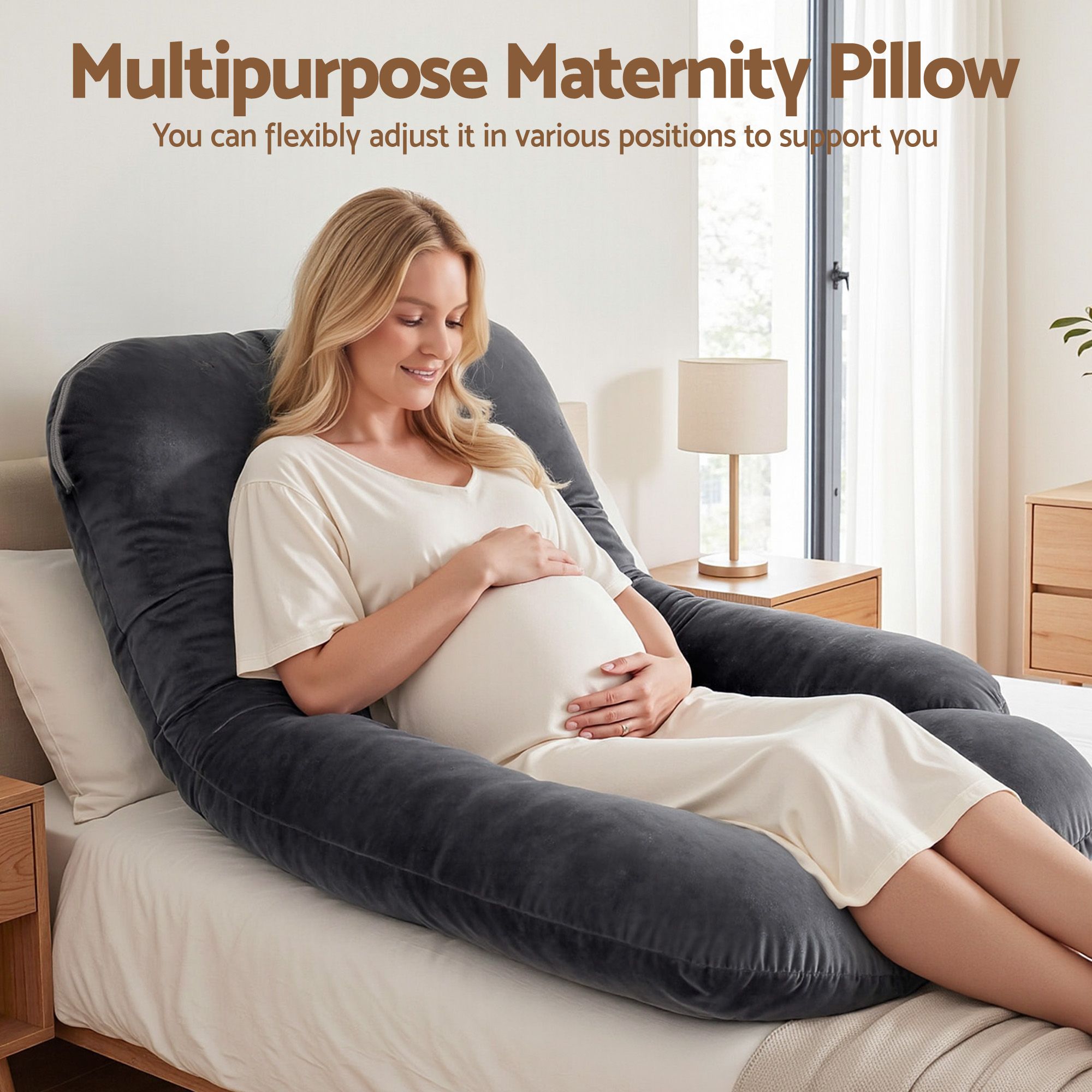 Pregnancy Pillow G-Shaped Full Body Pillow for Back and Belly Support Maternity Pillow with Removable Cover, Dark Grey 135x70 cm