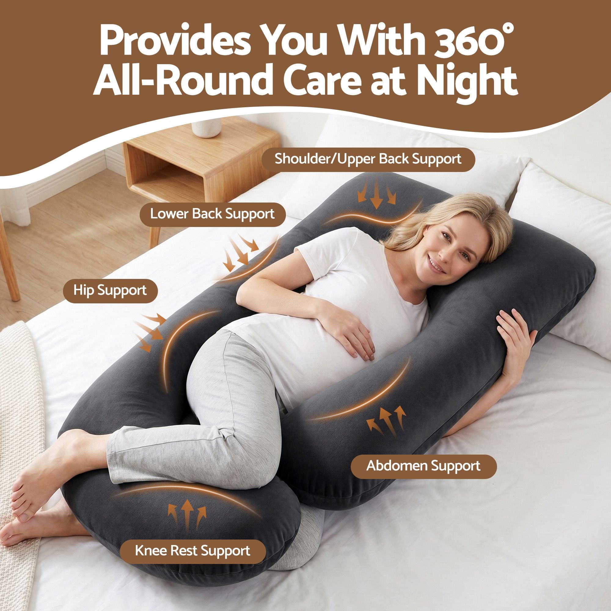Pregnancy Pillow G-Shaped Full Body Pillow for Back and Belly Support Maternity Pillow with Removable Cover, Dark Grey 135x70 cm