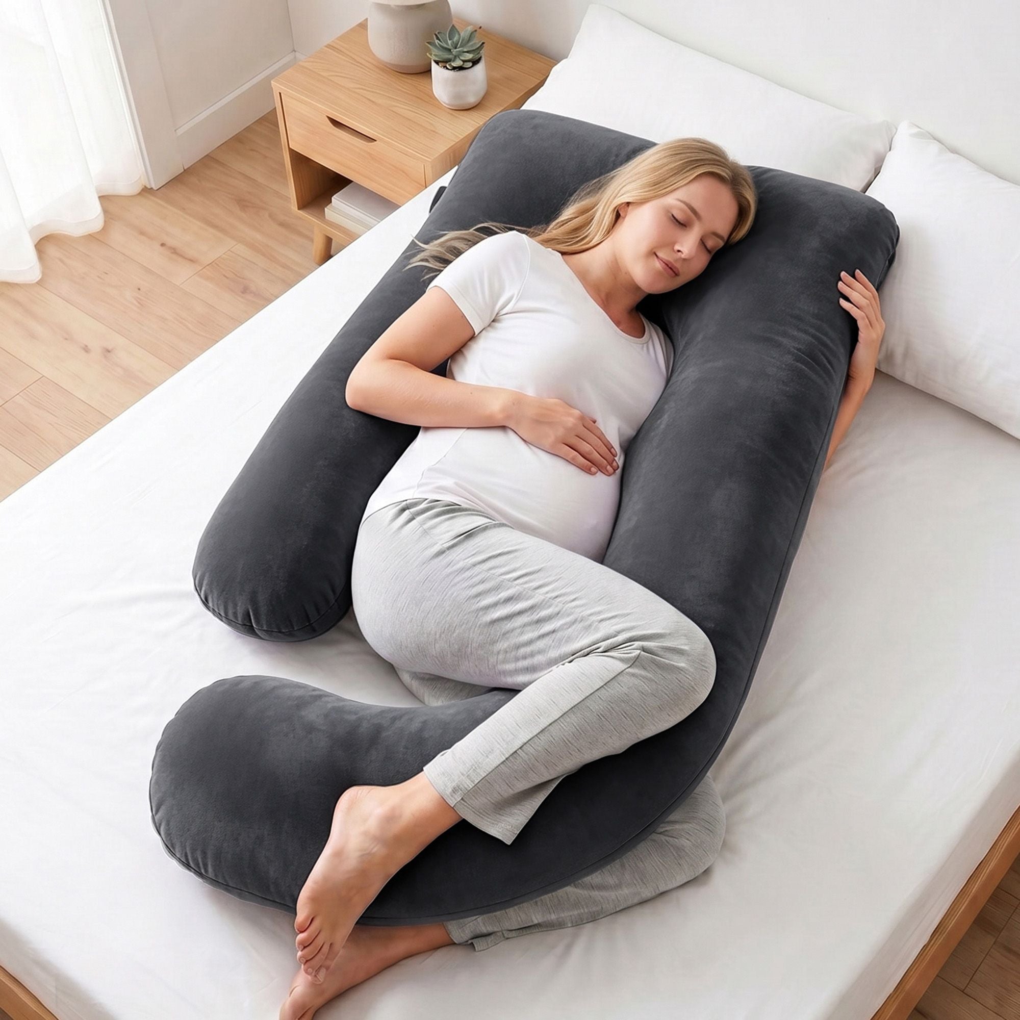 Pregnancy Pillow G-Shaped Full Body Pillow for Back and Belly Support Maternity Pillow with Removable Cover, Dark Grey 135x70 cm