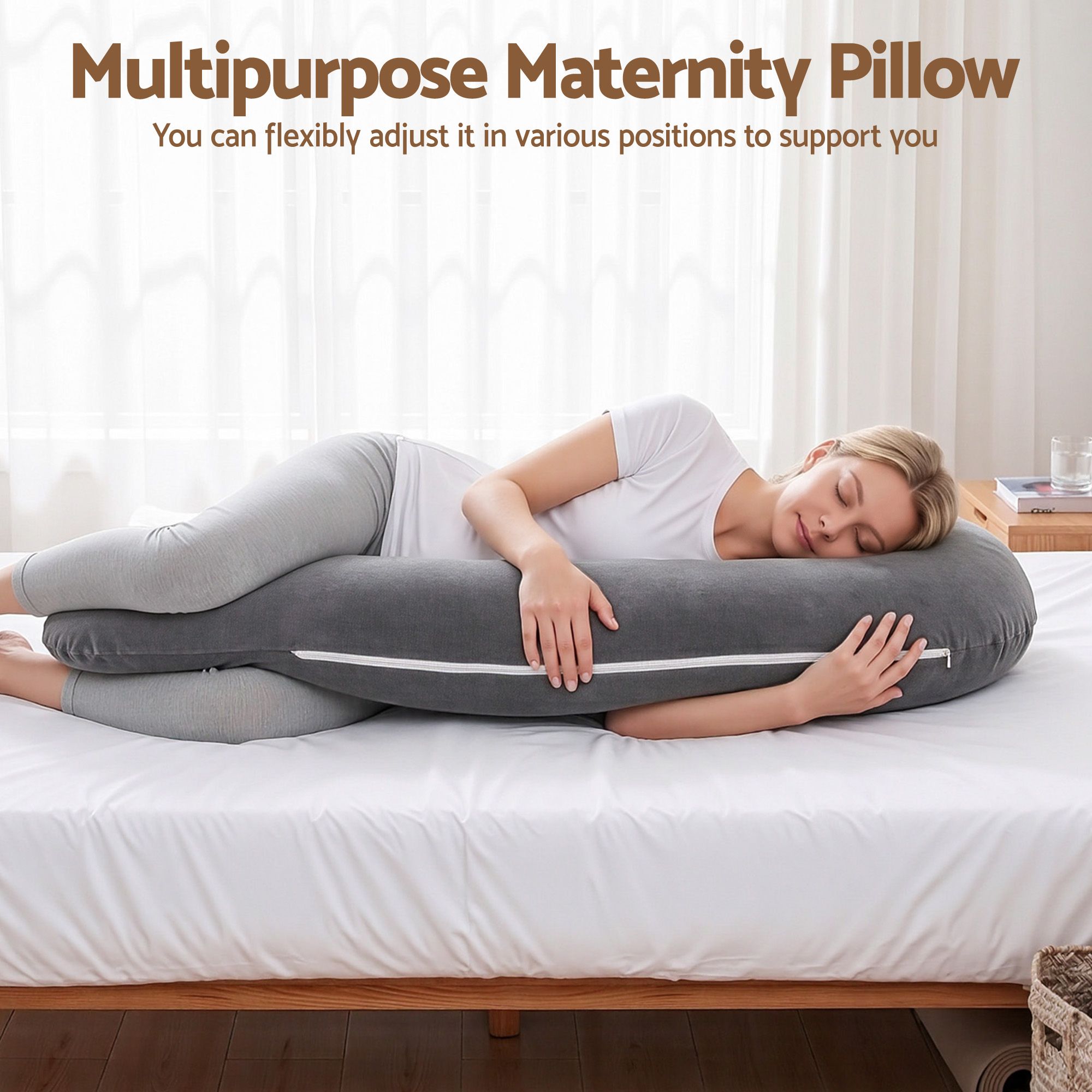 Pregnancy Pillow for Side Sleeping L-Shaped Maternity Body Pillow for Women 100% Cotton Jersey Cover for Head Neck Belly Support, 63x115 cm Grey