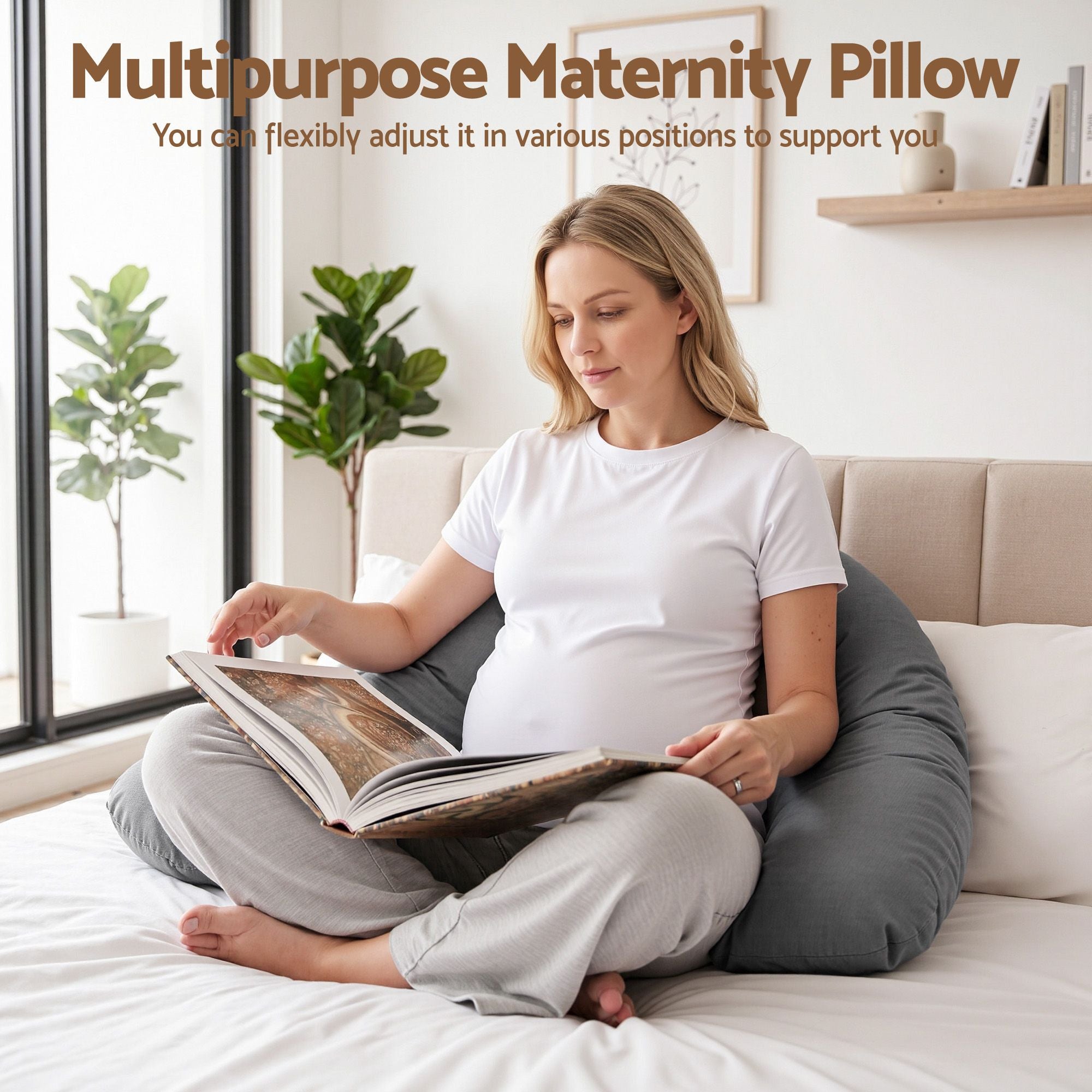 Pregnancy Pillow for Side Sleeping L-Shaped Maternity Body Pillow for Women 100% Cotton Jersey Cover for Head Neck Belly Support, 63x115 cm Grey