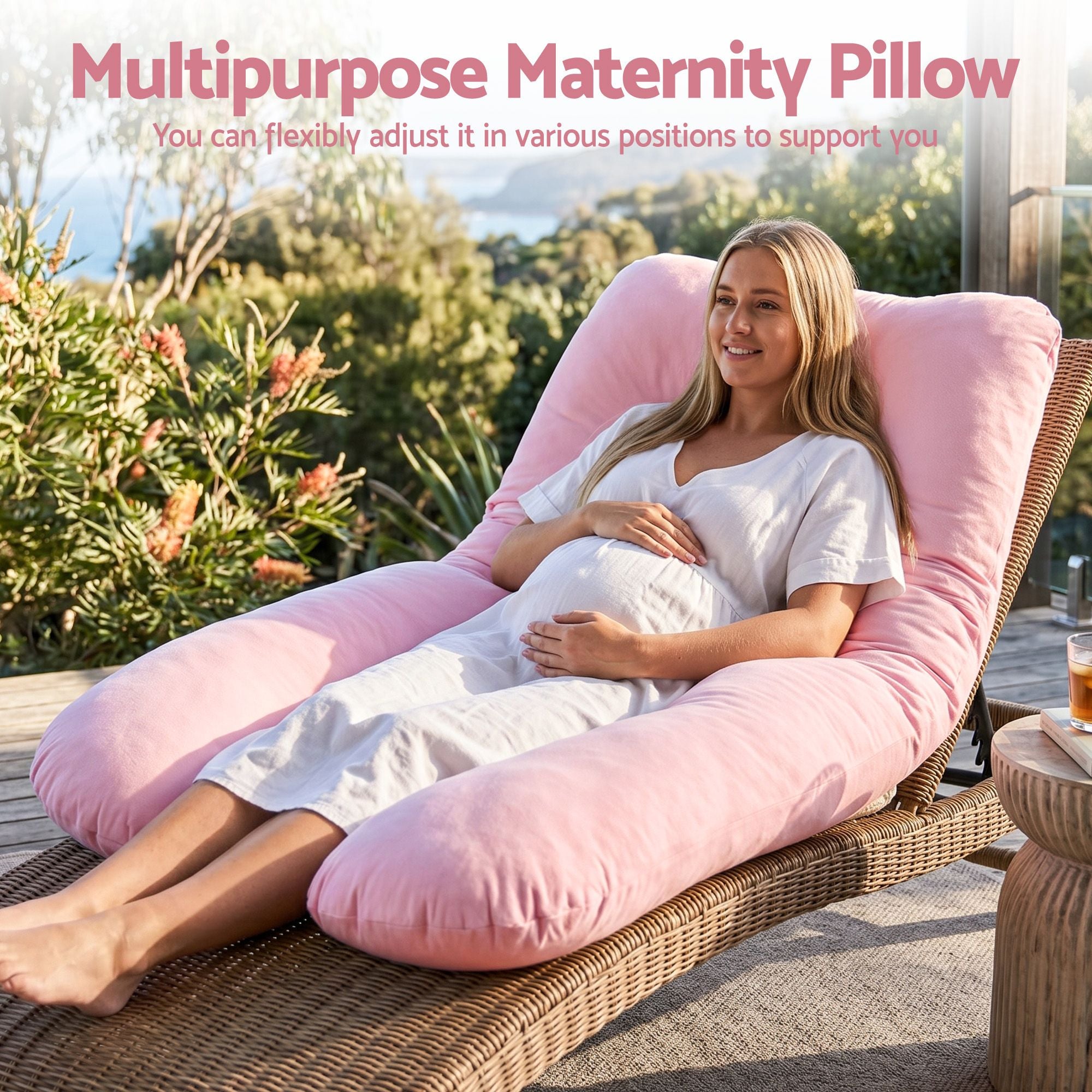 Pregnancy Pillow U Shaped Full Body Pillow with 100% Cotton Jersey Cover Maternity Pillow for Sleeping Reading, Pink, 73x133cm
