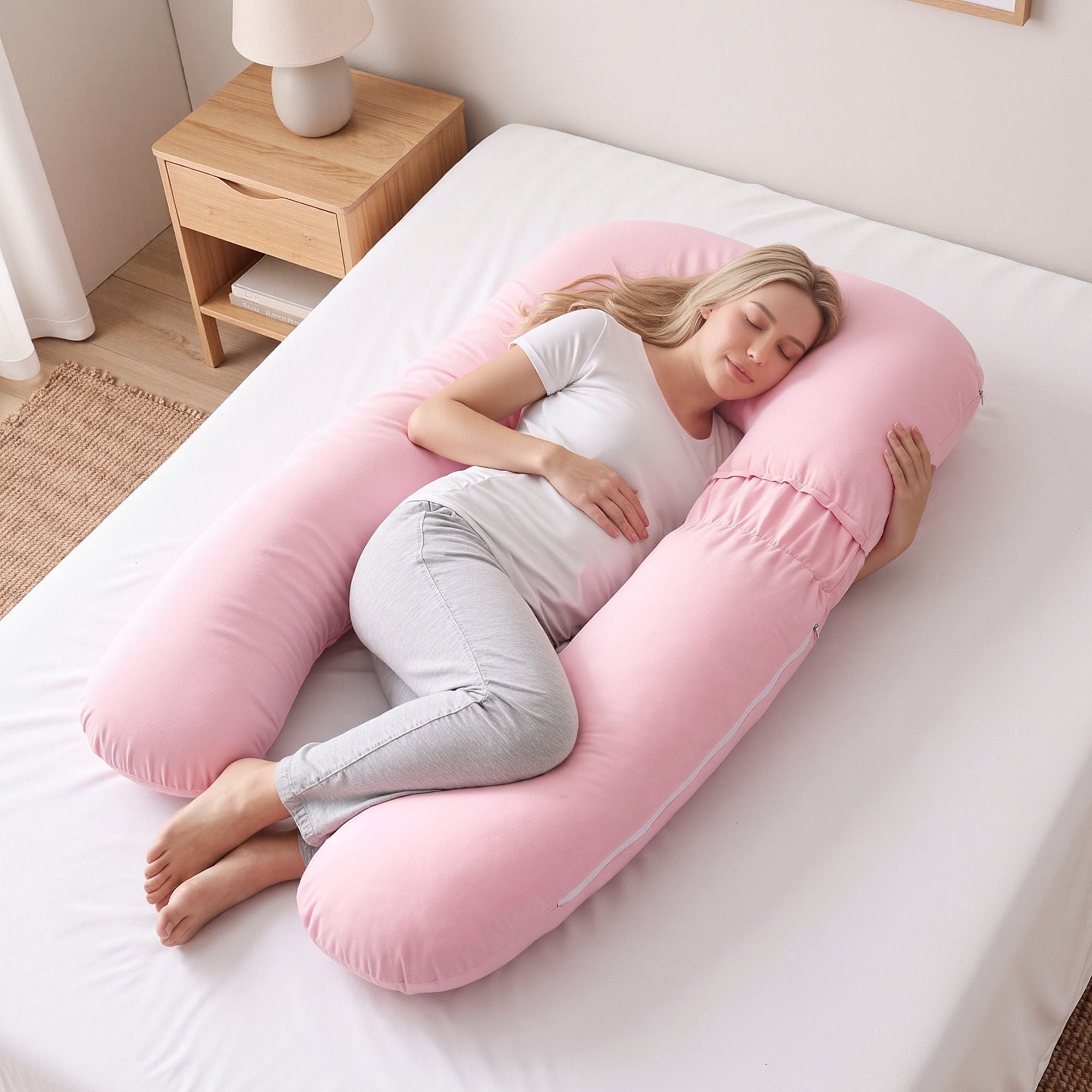 Pregnancy Pillow U Shaped Full Body Pillow with 100% Cotton Jersey Cover Maternity Pillow for Sleeping Reading, Pink, 73x133cm