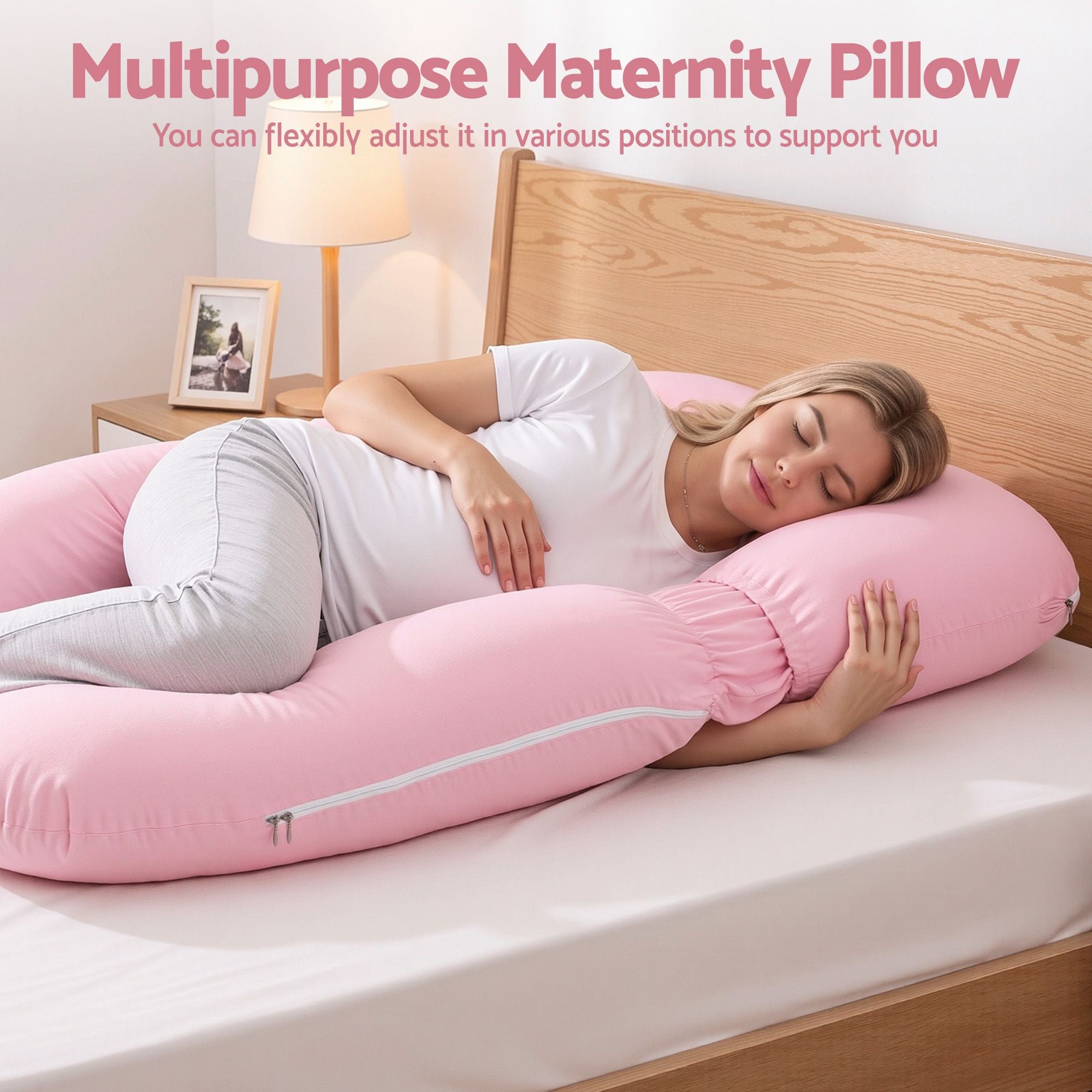 Pregnancy Pillow U Shaped Full Body Pillow with 100% Cotton Jersey Cover Maternity Pillow for Sleeping Reading, Pink, 73x133cm