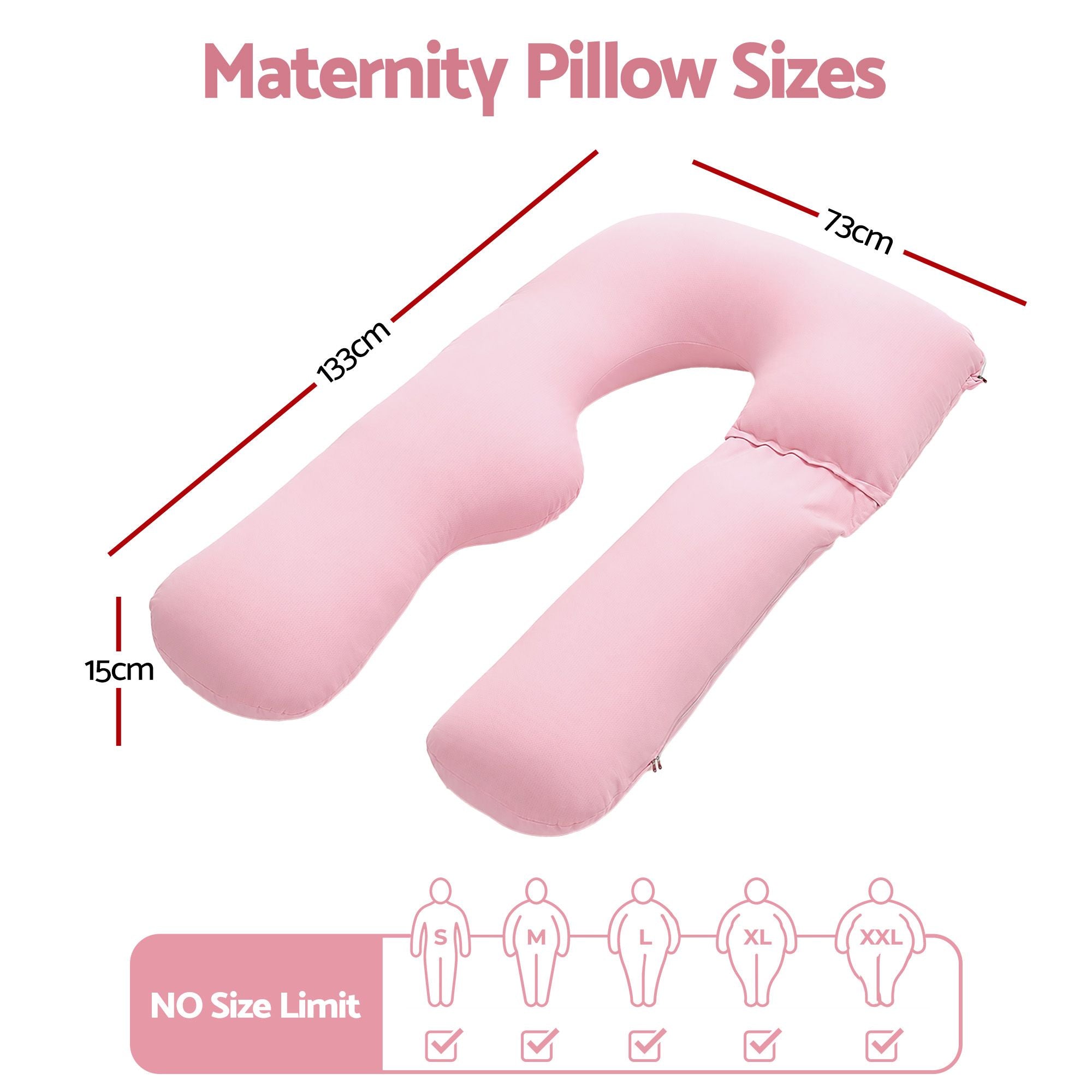 Pregnancy Pillow U Shaped Full Body Pillow with 100% Cotton Jersey Cover Maternity Pillow for Sleeping Reading, Pink, 73x133cm