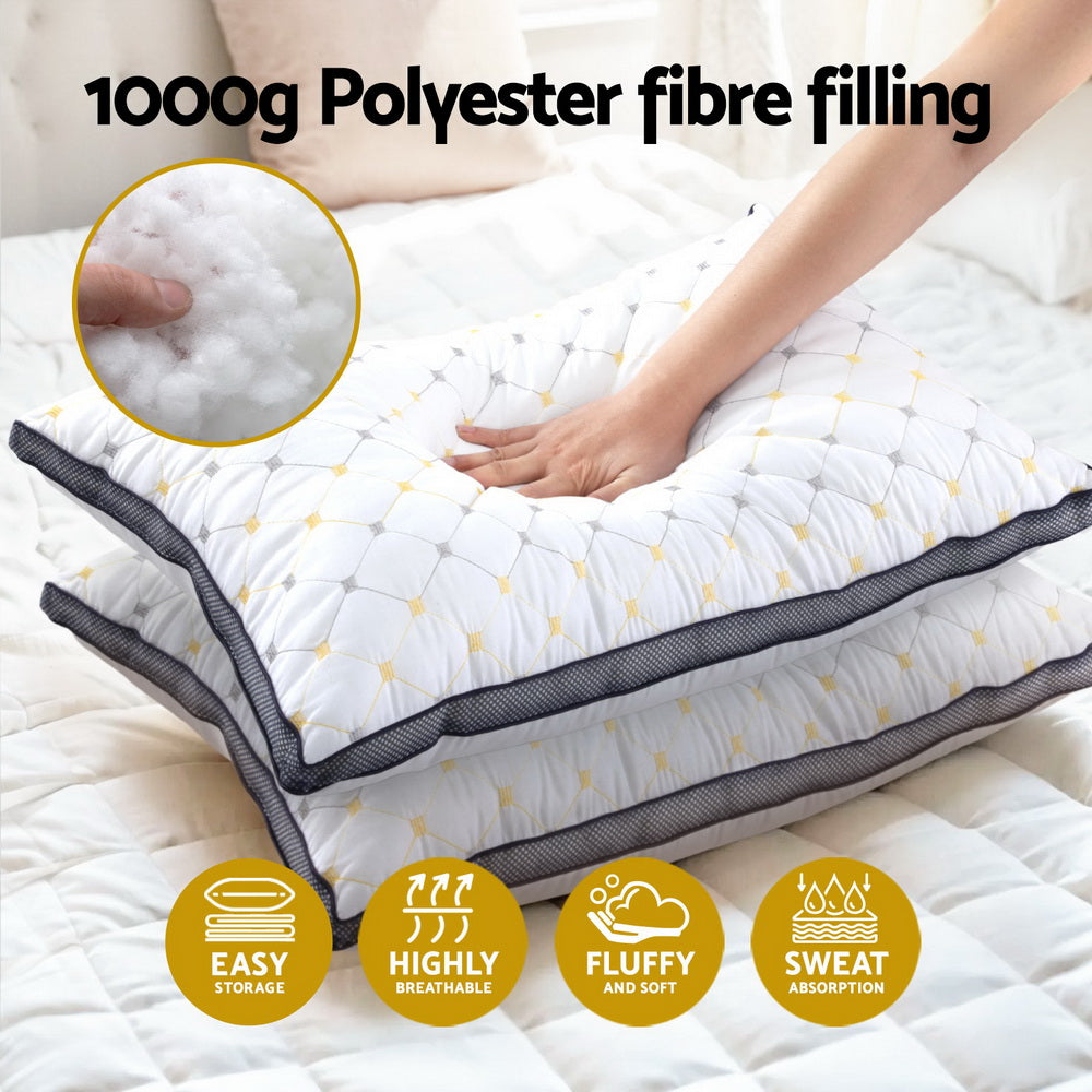 2pcs Pillows Microfibre with 1000g polyester fibre filling, quilted design, breathable and soft for bedroom comfort