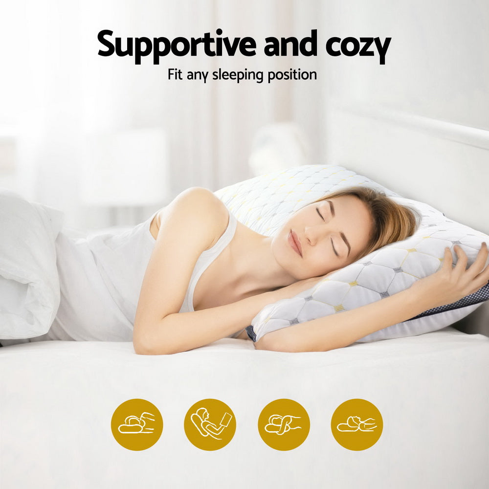 2pcs Pillows Microfibre with supportive soft filling, embroidered cover, shown with woman resting in a bright bedroom setting