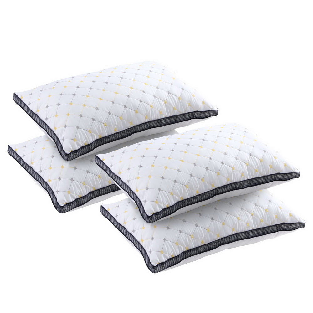 4pcs Pillows Microfibre set with white quilted covers, gray piping, and subtle yellow embroidery detail on white background