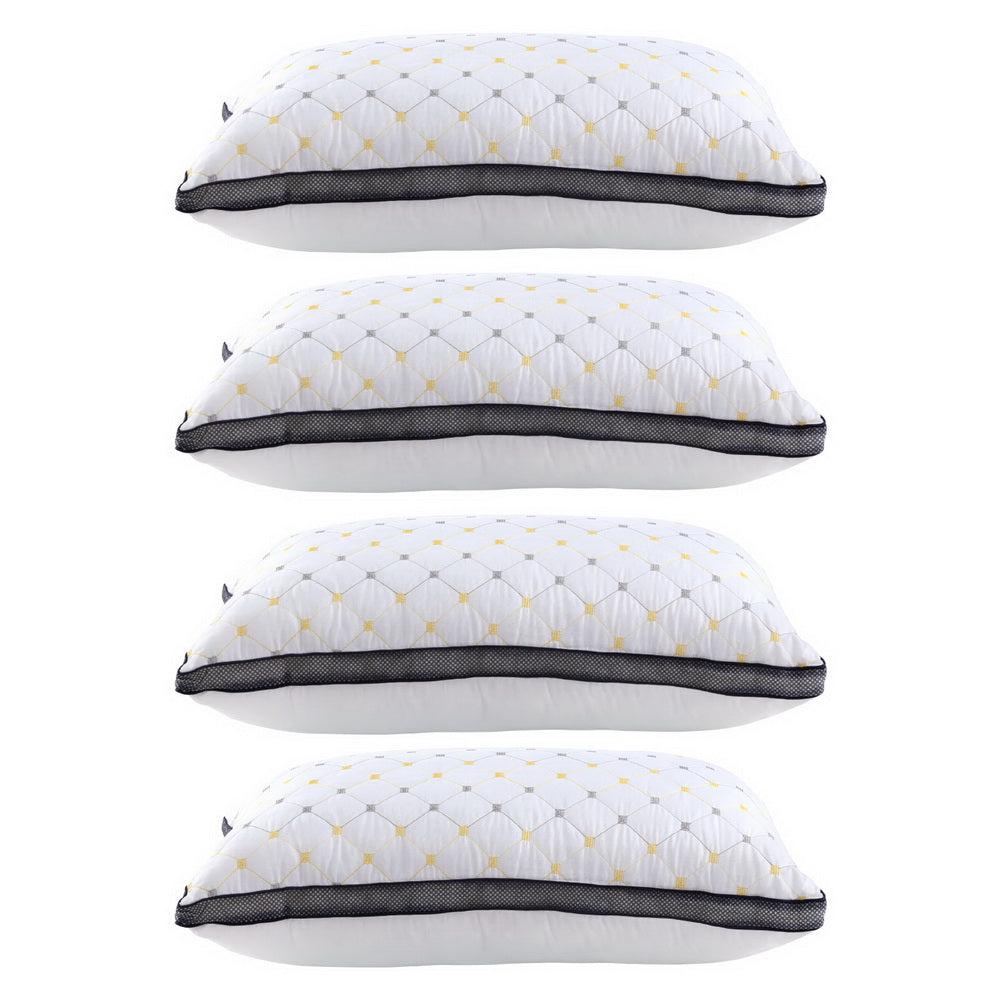 Set of 4 4pcs Pillows Microfibre with white patterned covers and black edging, ideal for bedroom bedding comfort.