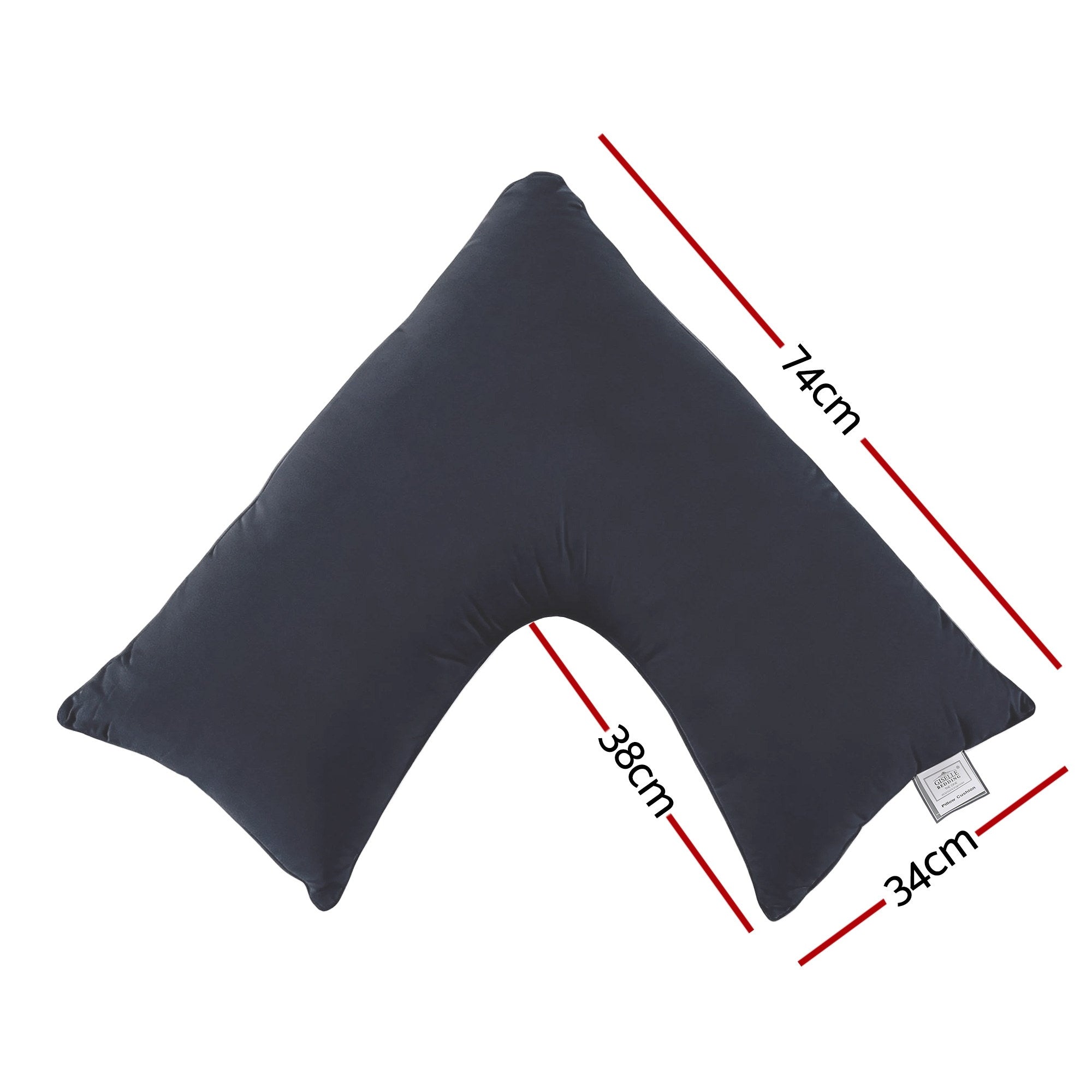 V Shape Pillow Boomerang Nursing Body Cushion Grey with dimensions 74cm by 38cm by 34cm on white background