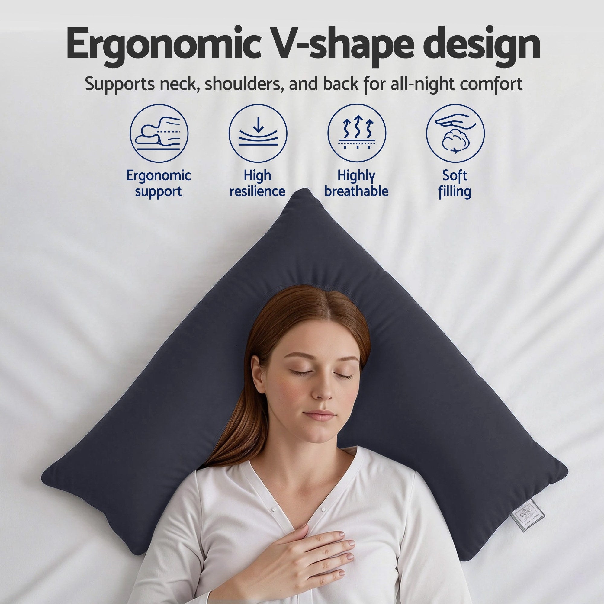 Woman resting on large dark grey ergonomic V Shape Pillow Boomerang Nursing Body Cushion Grey on white background